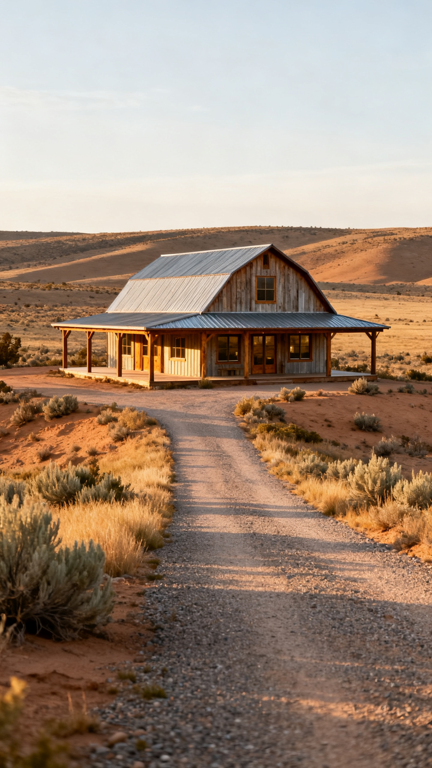 New Mexico barndominium set naturally into high-desert land with a gravel driveway and native landscaping