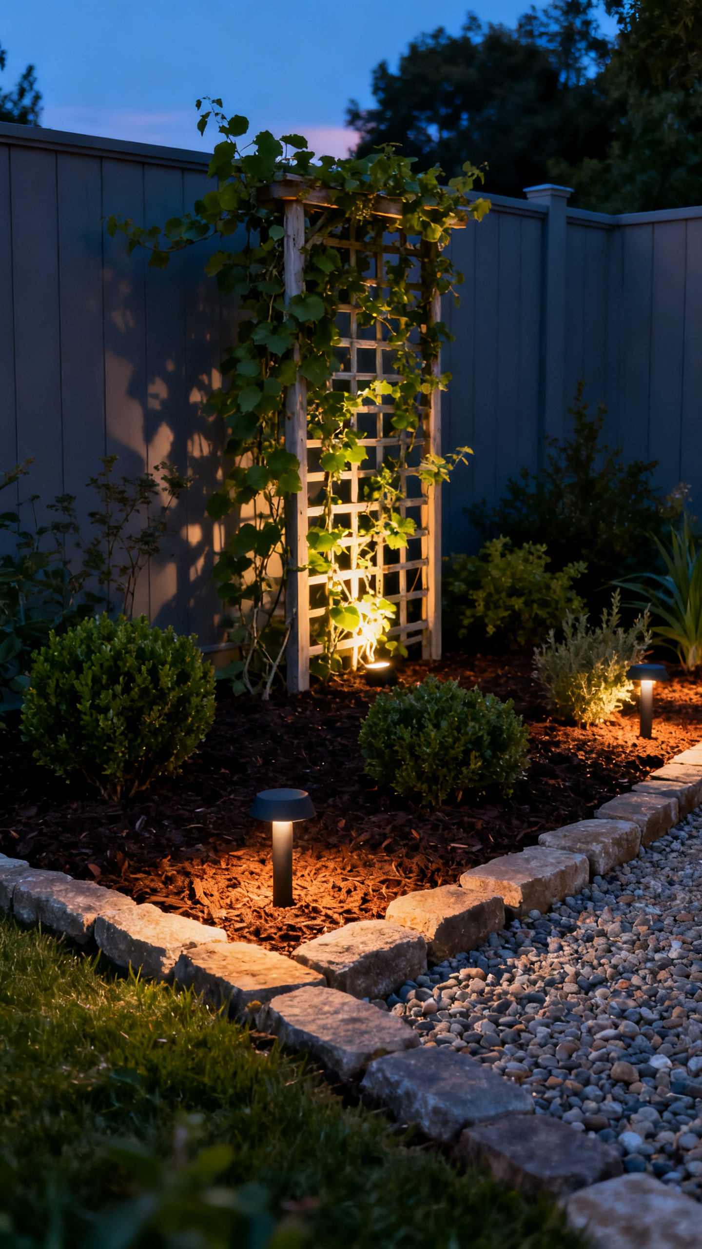 Garden corner ideas with path lights, a trellis, layered plants, mulch, and evening glow