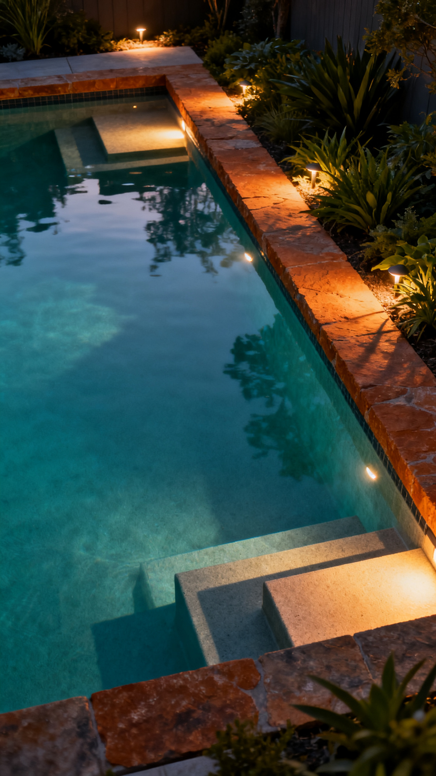 Pool ideas with edge lighting, glowing water, step lights, warm stone, and planted borders