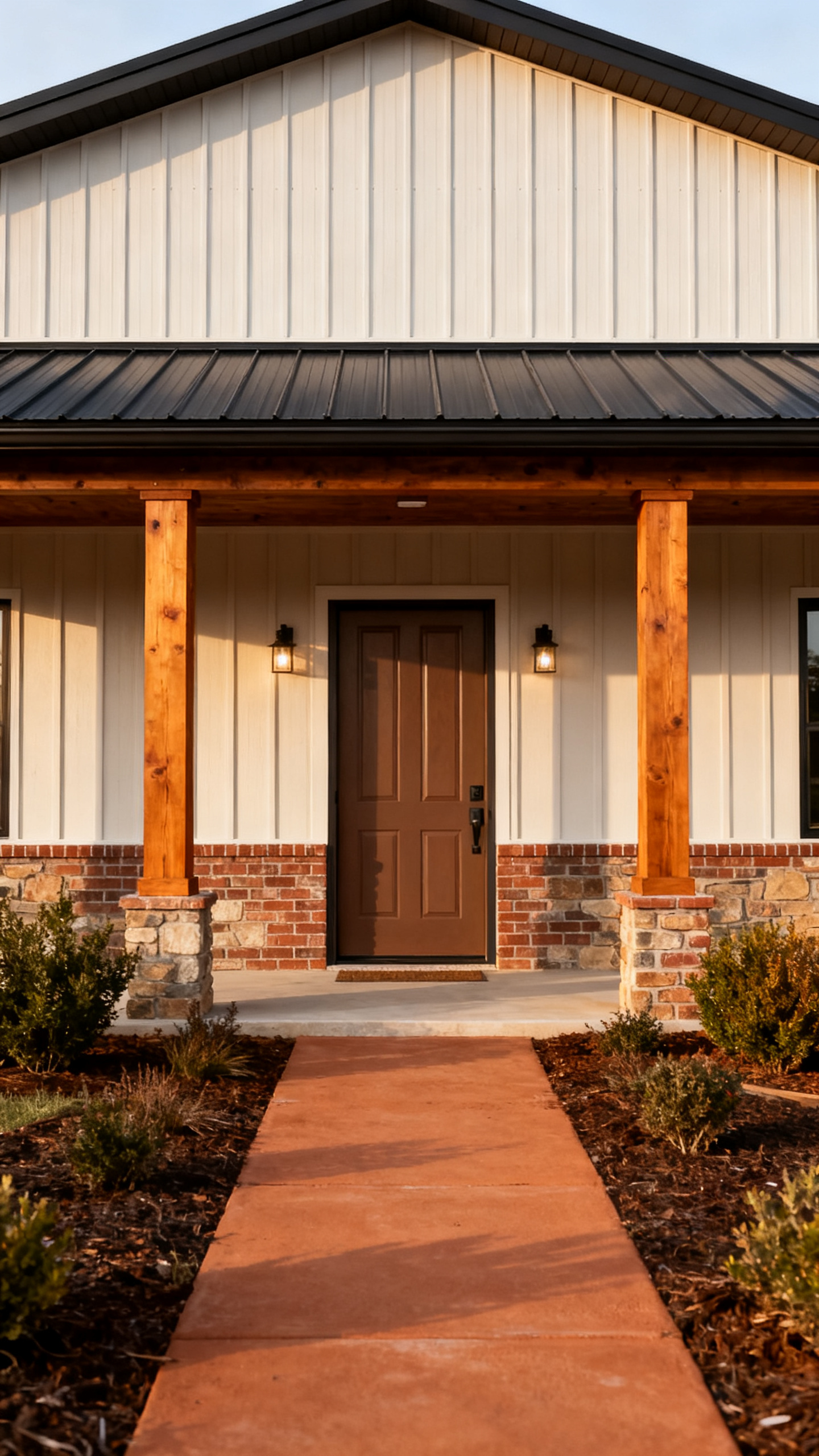 Finished Alabama barndominium entry with wood porch posts, warm siding, and stone base detail