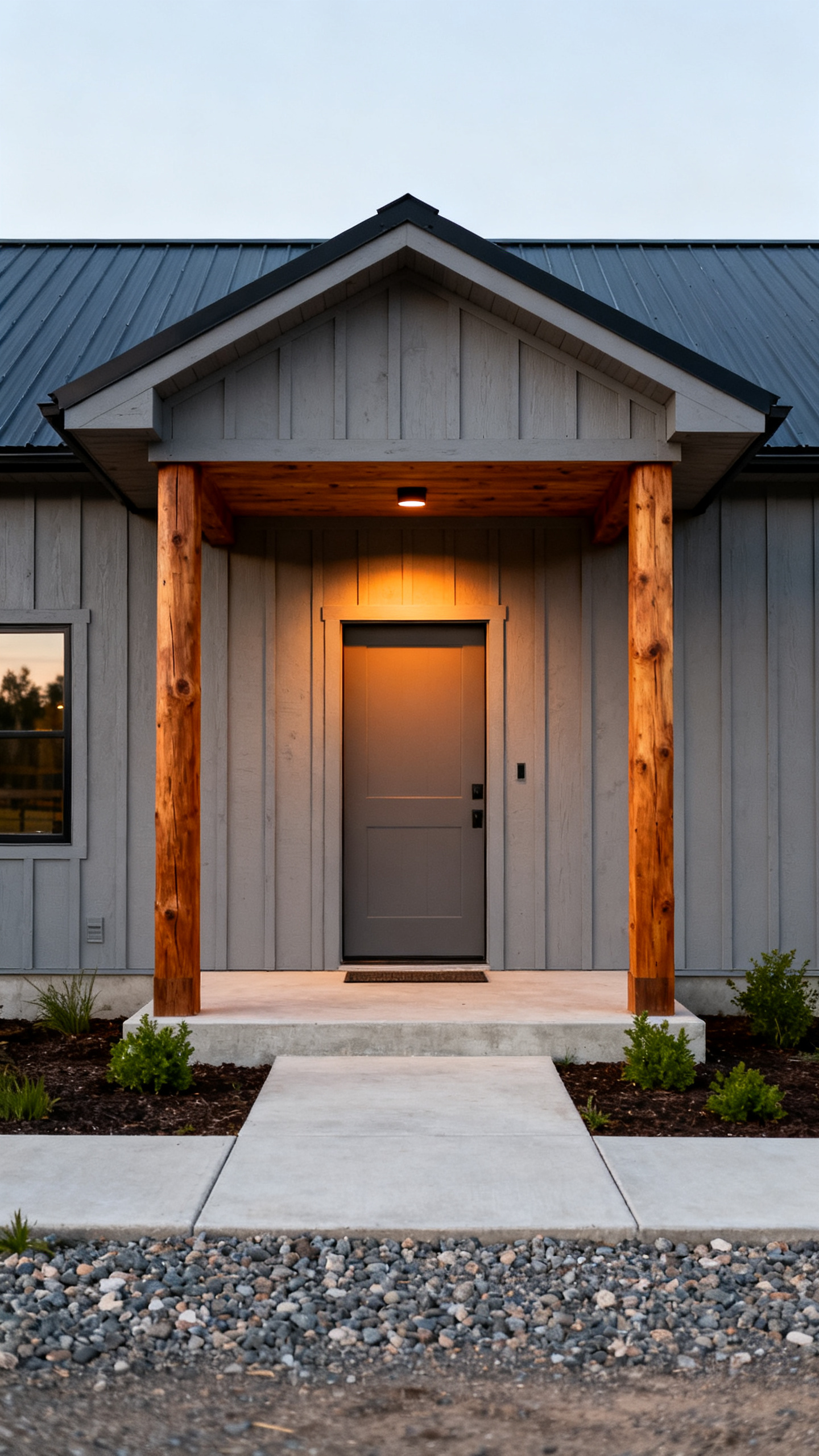 Idaho barndominium exterior with covered entry, wood posts, and walkway