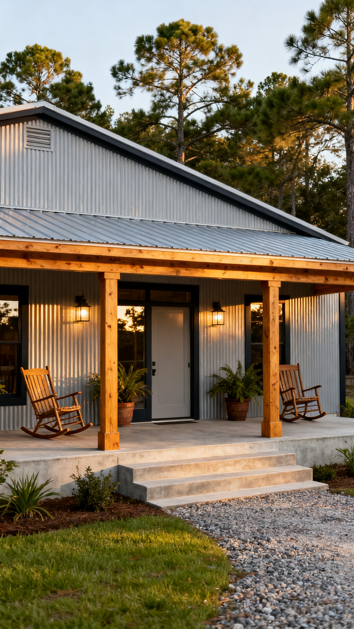 South Carolina barndominium porch with wood posts, metal siding, concrete steps, and native plants