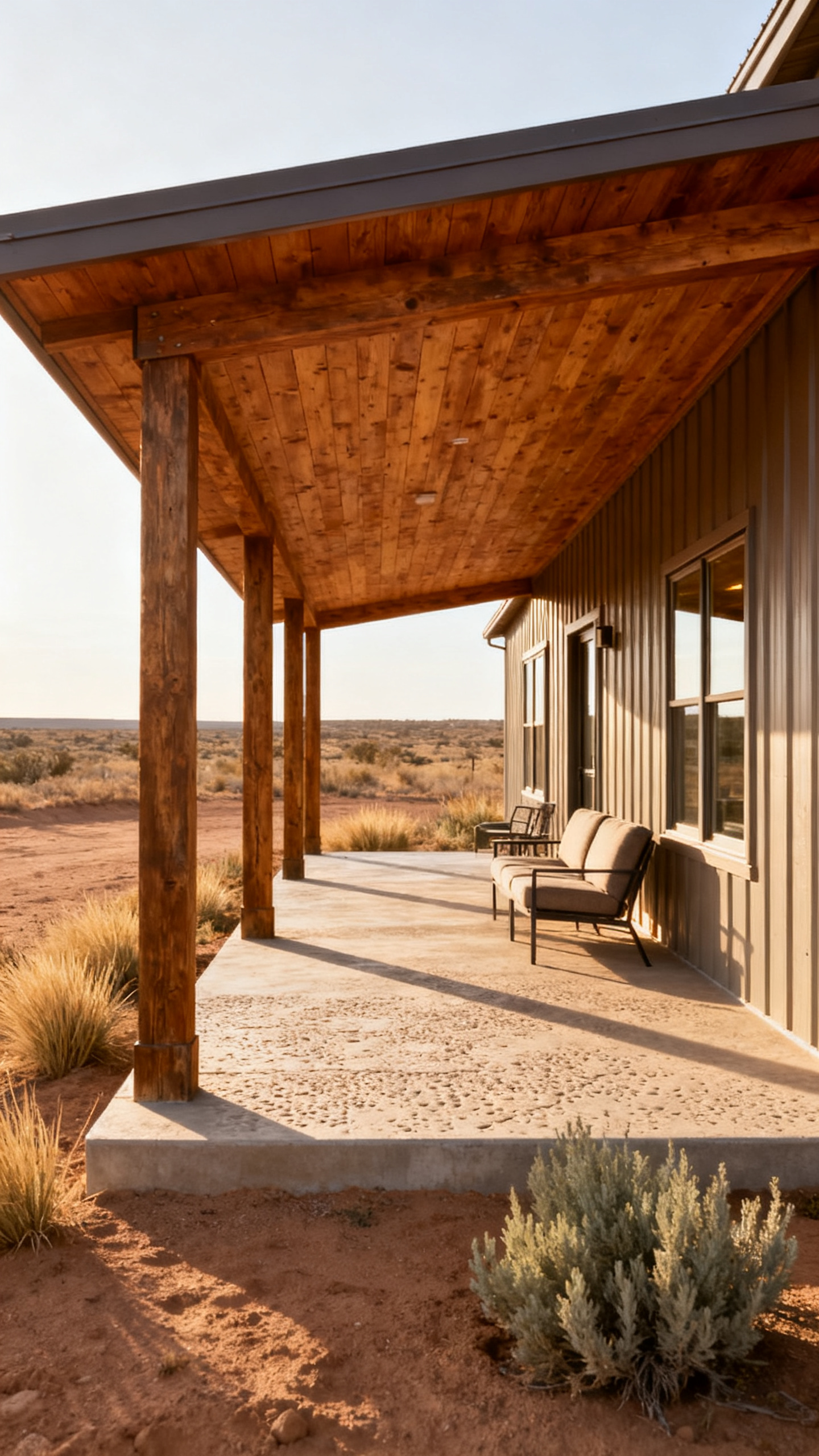 Covered porch on a New Mexico barndominium with shaded seating and desert views