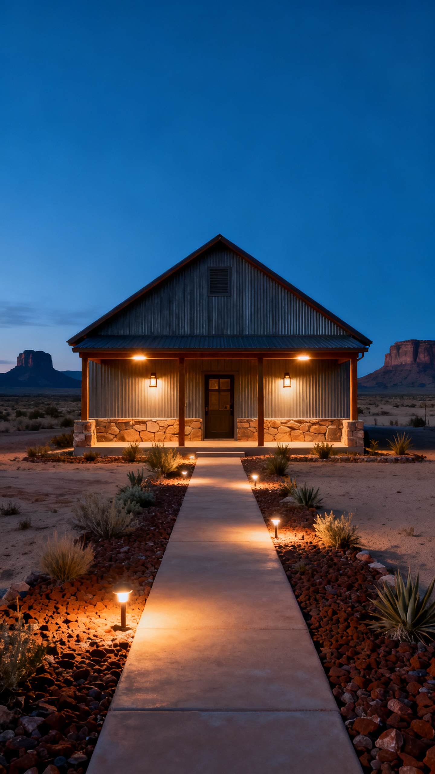 New Mexico barndominium at blue hour with warm exterior lighting and desert path