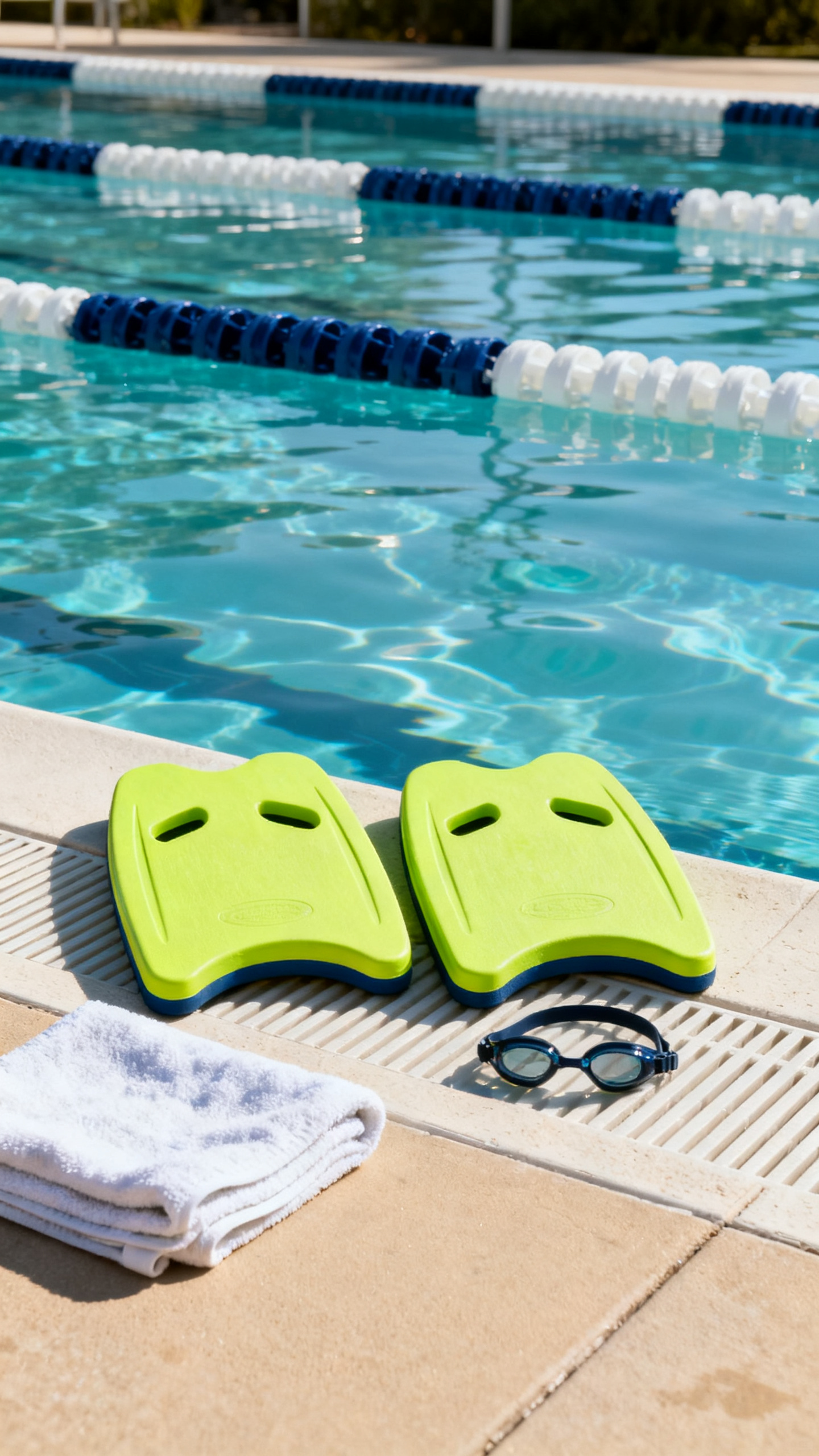 Swimming ideas for a kickboard relay with boards and goggles by a lap pool