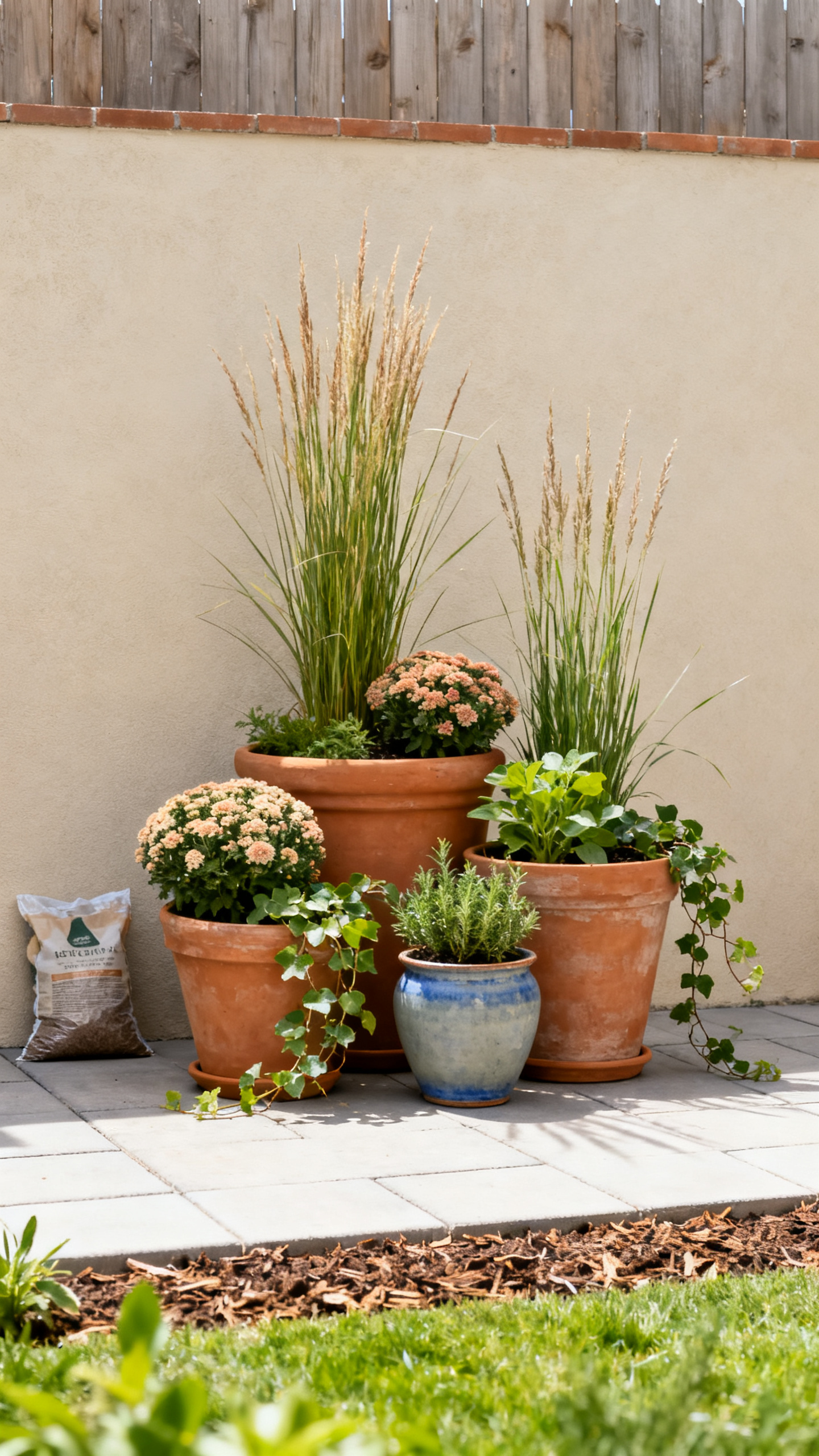 Garden corner ideas using tiered terracotta containers with flowers, herbs, and trailing vines