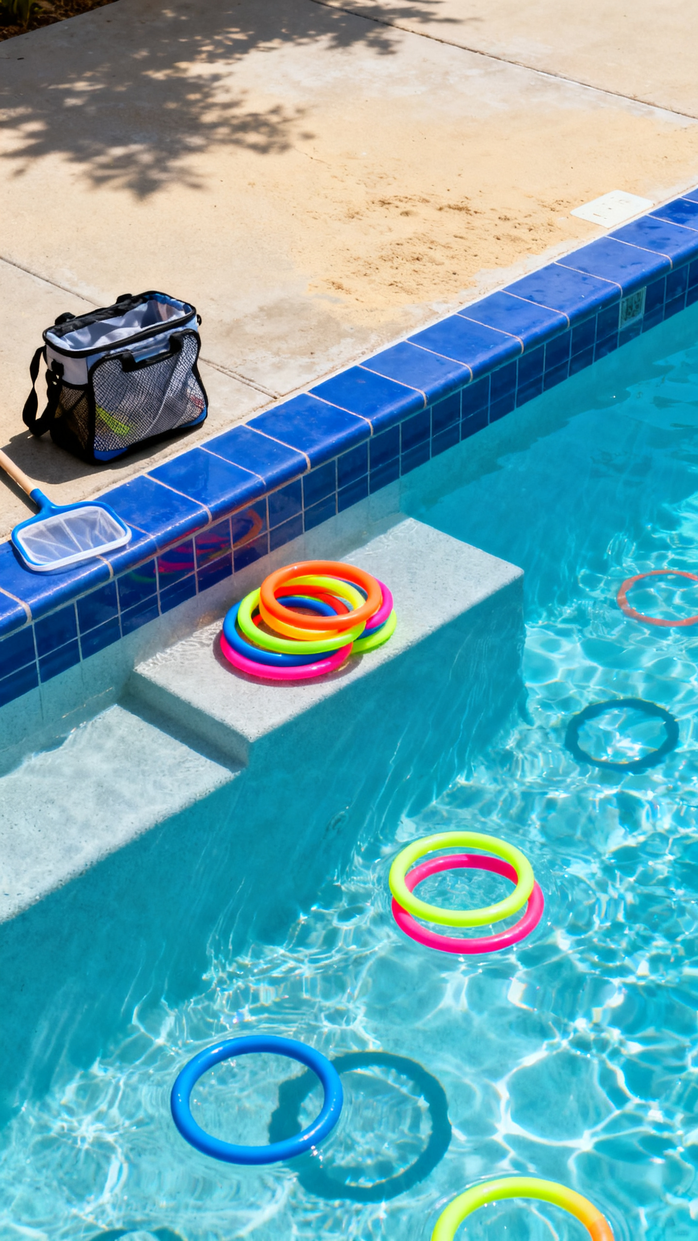Swimming ideas with colorful dive rings arranged in clear pool water