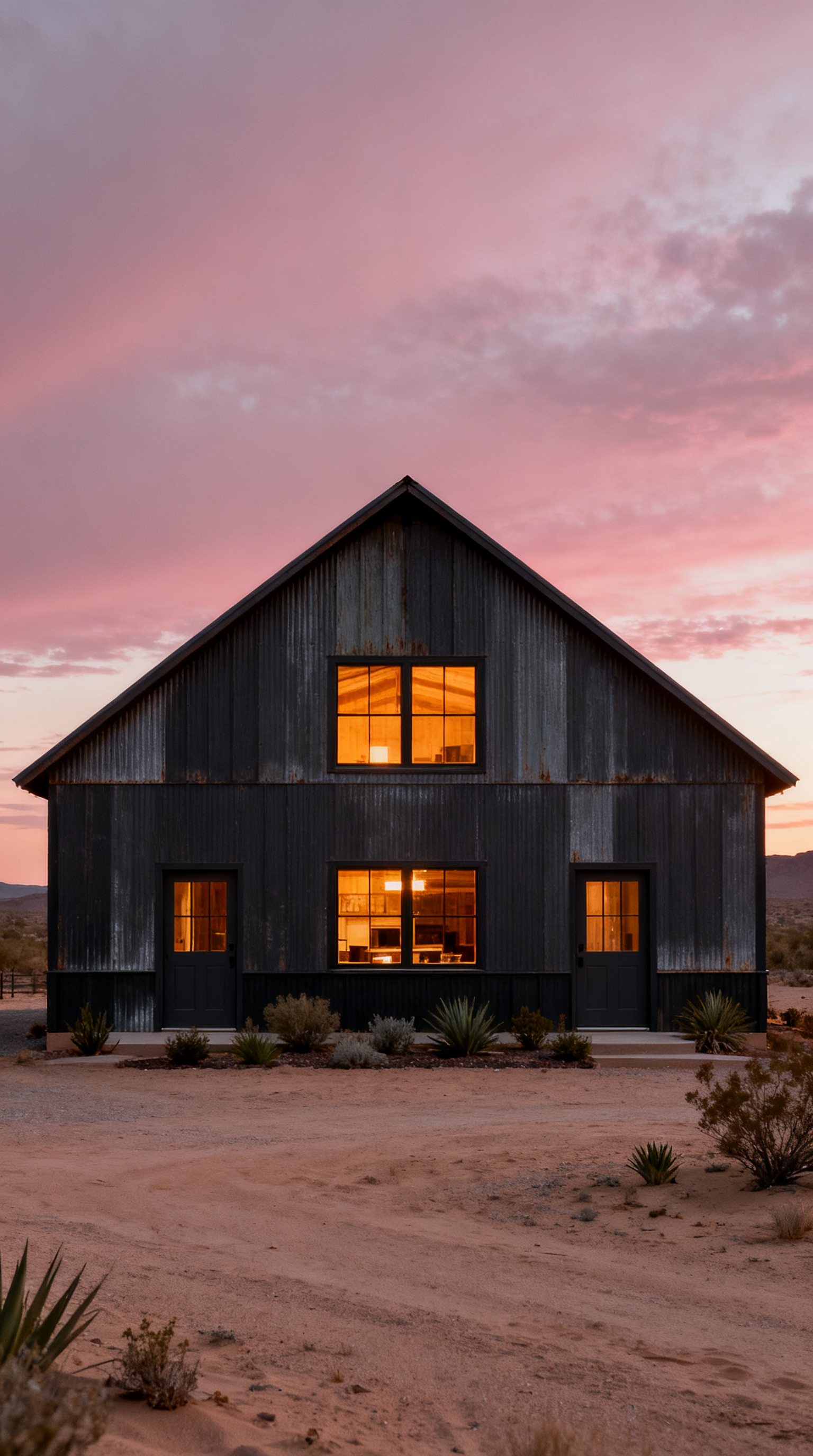 A black barn-style building with lit windows stands in a desert landscape at sunset, with a pink and purple sky in the background.