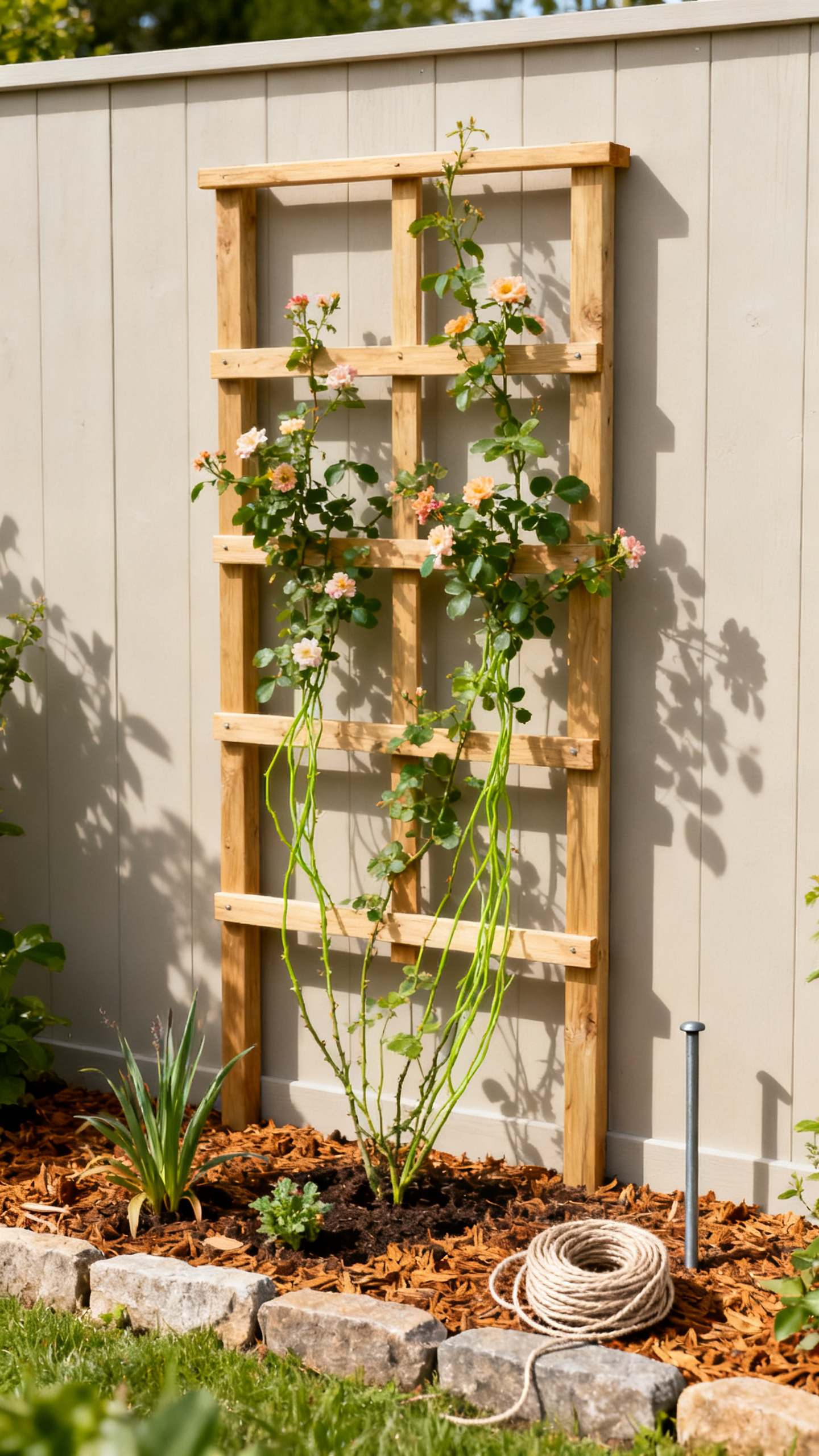 Garden corner ideas with a wood trellis, climbing vines, mulch, and stone edging