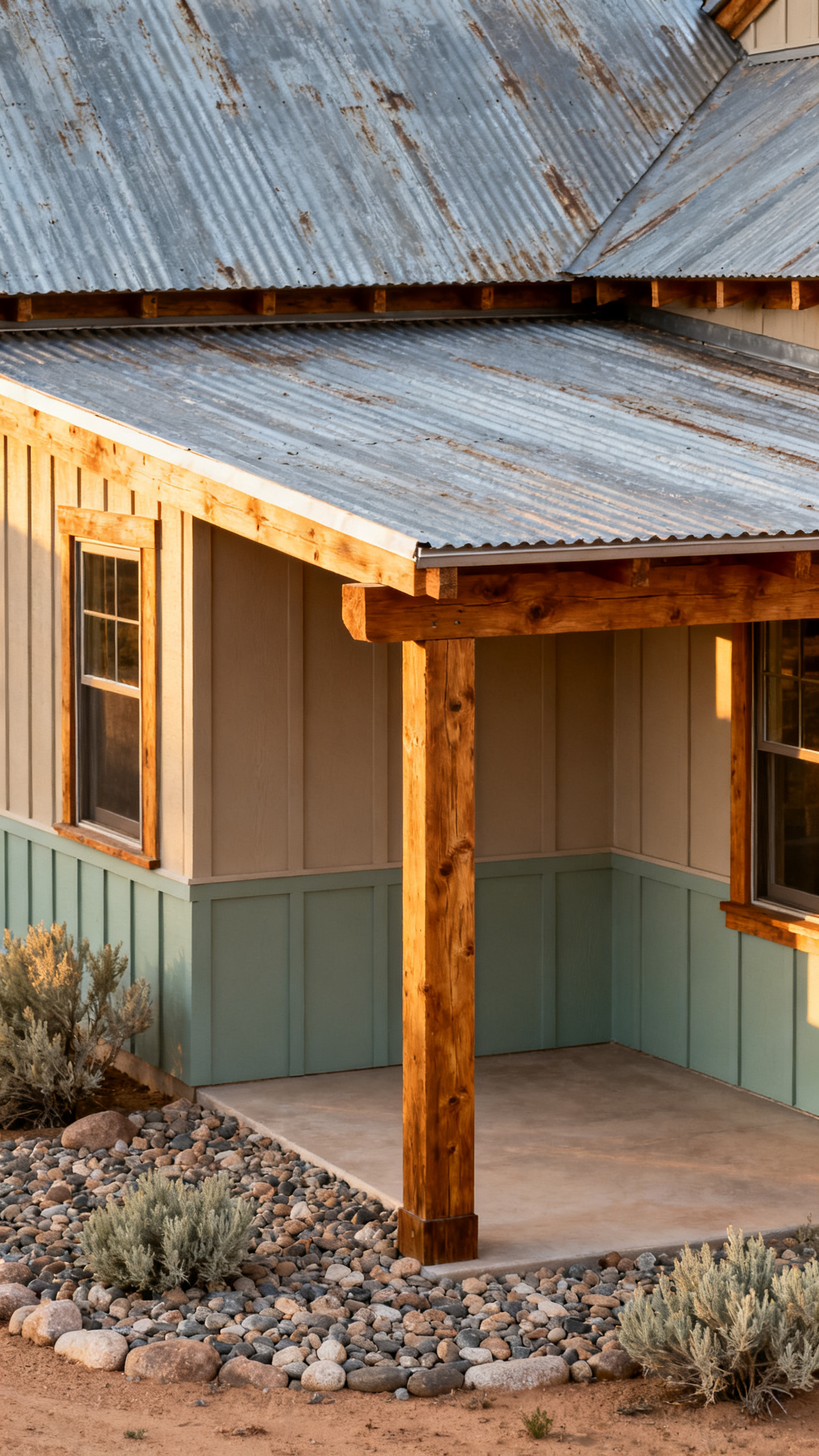 Barndominium exterior materials with metal roof wood accents and desert gravel landscaping
