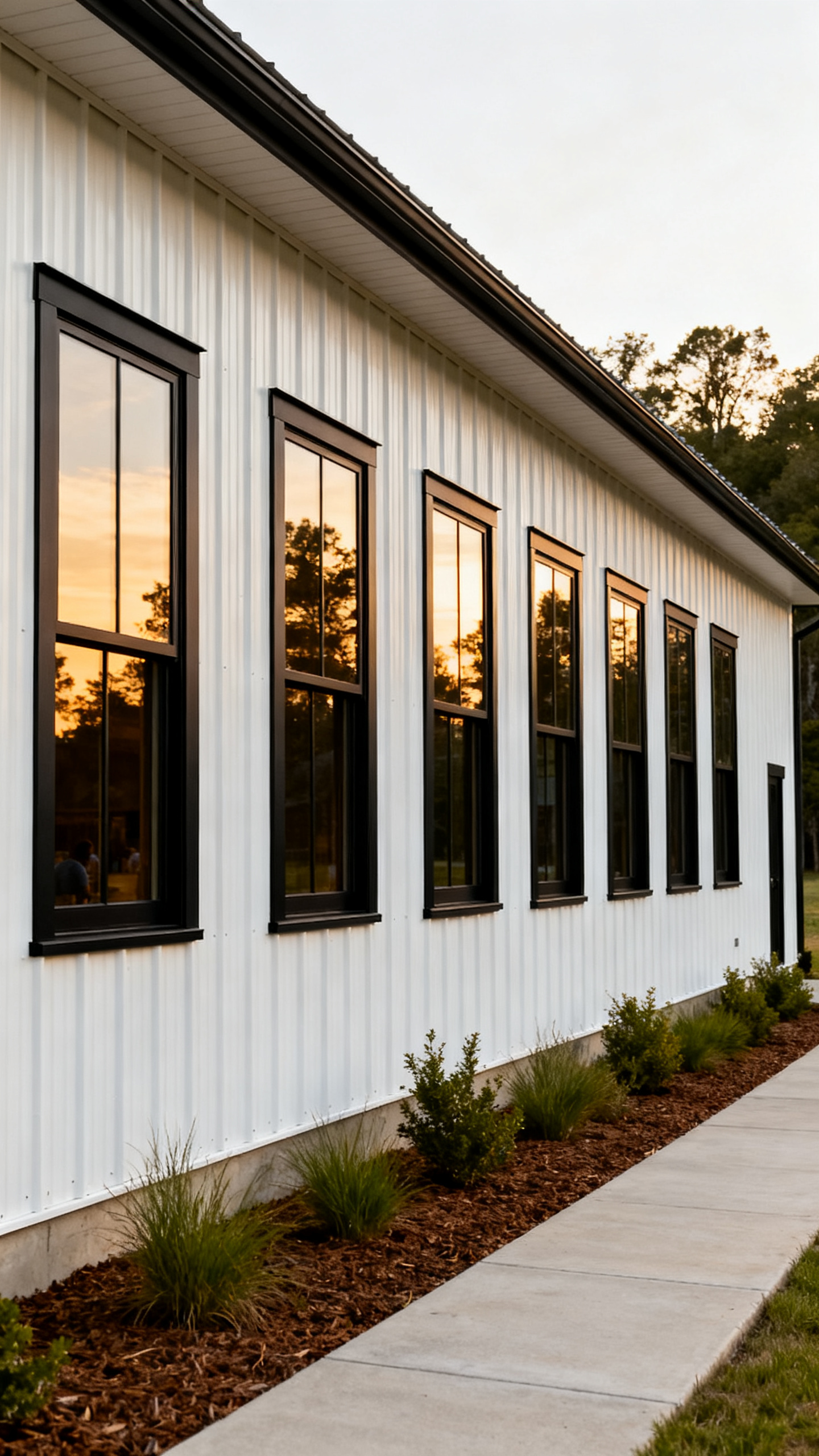 South Carolina barndominium wall with dark framed windows, metal siding, shrubs, and walkway
