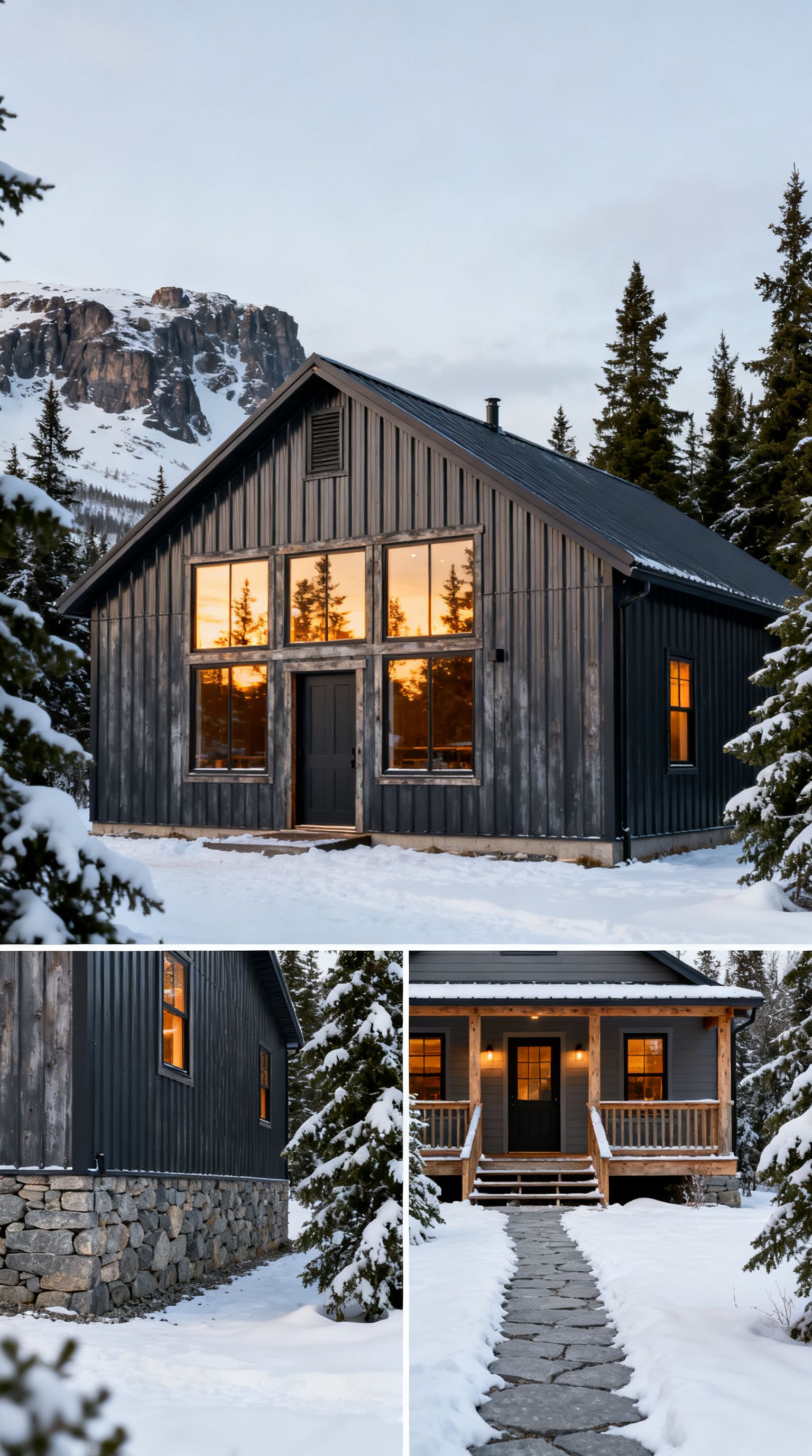 A dark wooden cabin with large windows and stone foundation sits in a snowy landscape, surrounded by pine trees with mountains visible in the background.