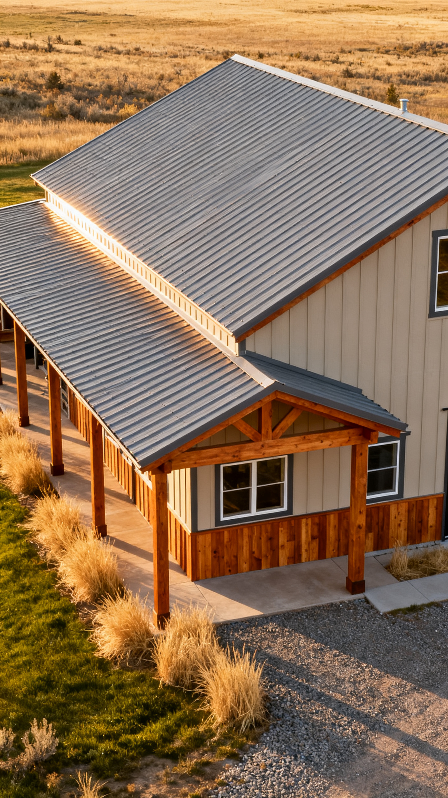 Wyoming barndominium roofline with metal gable roof, porch, gravel drive, and open rural grassland