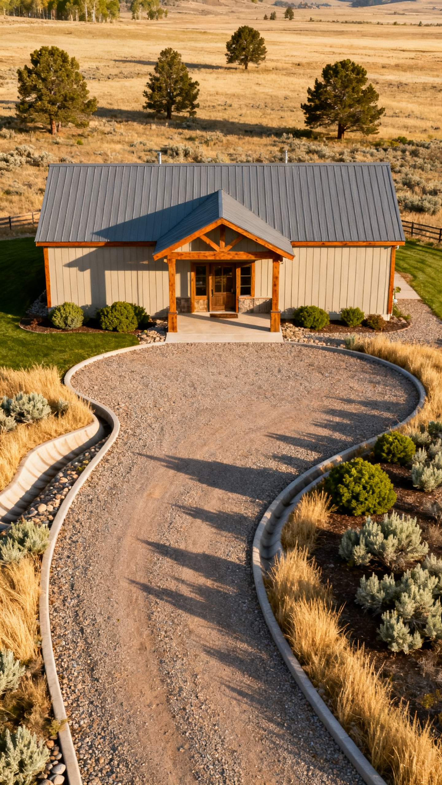 Wyoming barndominium with curved gravel driveway, rural grassland, shrubs, and warm wood porch