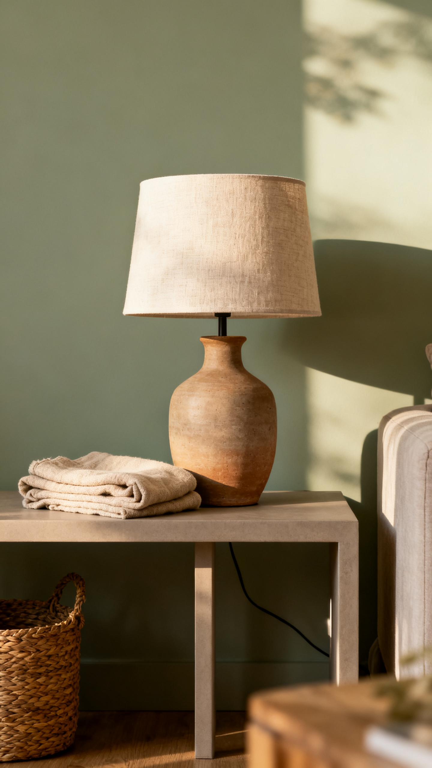 A ceramic table lamp with a beige shade sits on a wooden table next to folded linens; a woven basket is below.