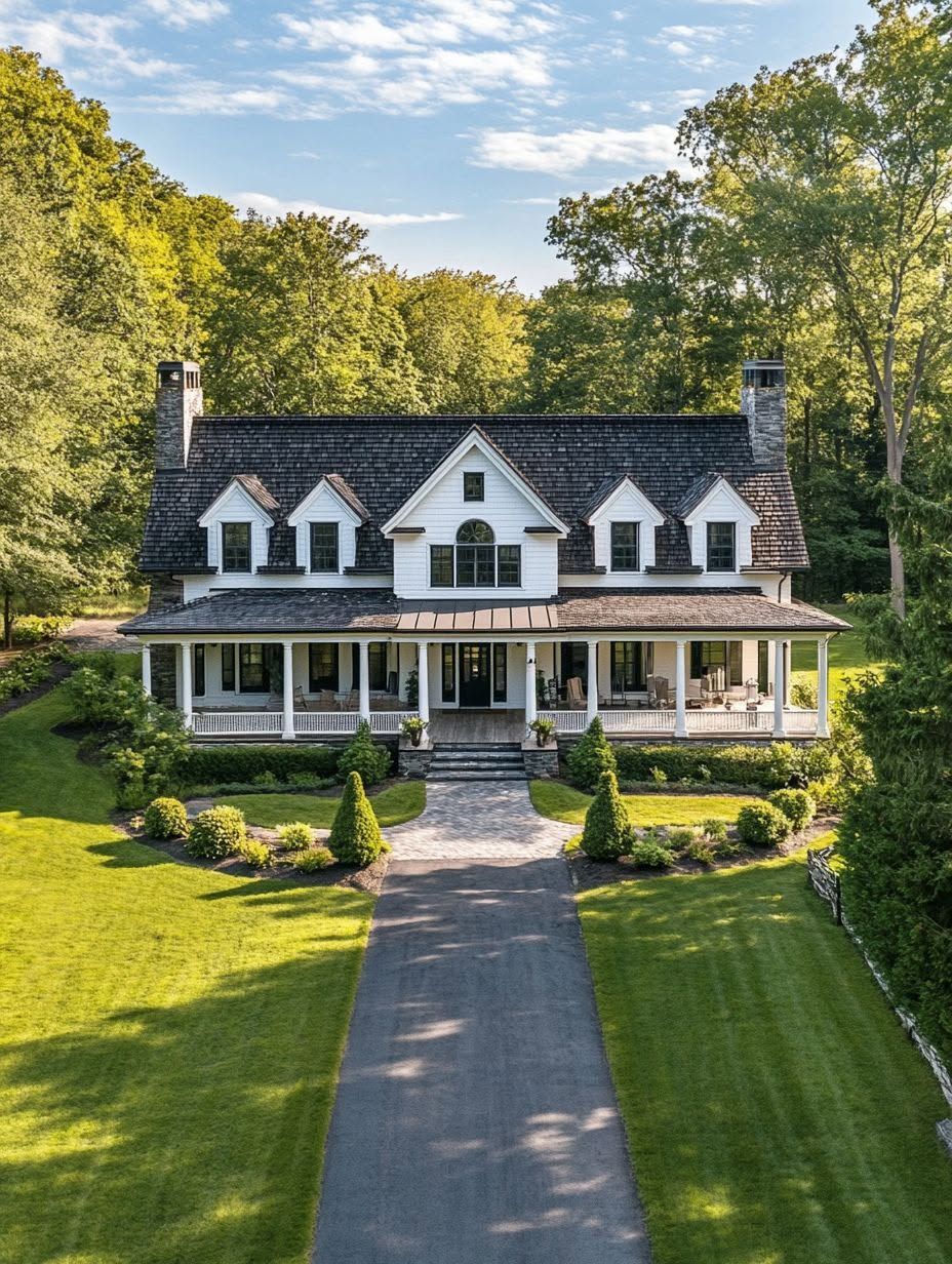 A large two-story house with white siding, dark roof, stone chimneys, and a wraparound porch, surrounded by green lawn and trees, viewed from the end of a driveway.