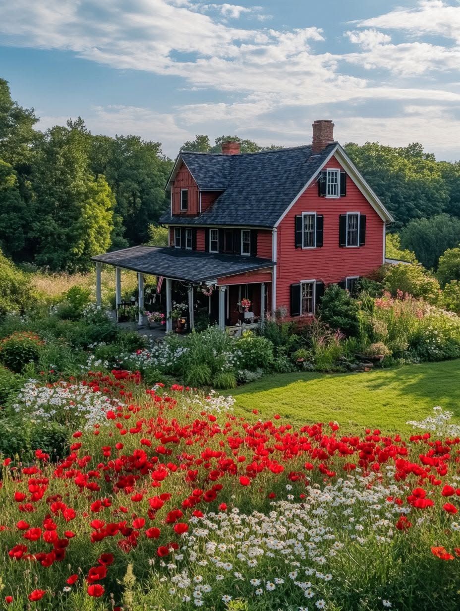 A red house with black shutters sits among lush greenery, with a front porch and a garden filled with red and white flowers under a partly cloudy sky.