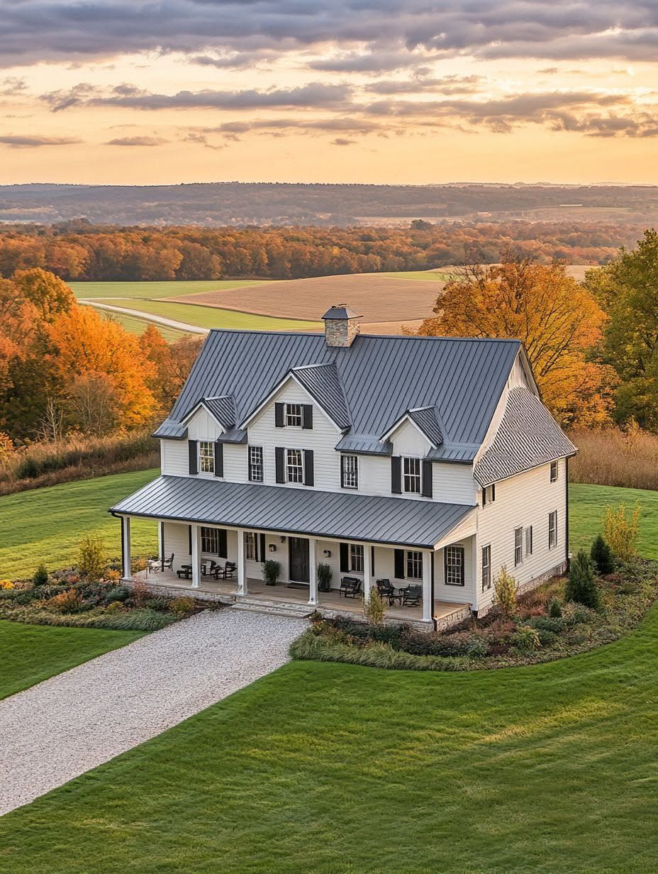 A white two-story farmhouse with a metal roof sits on a large green lawn, surrounded by autumn trees and open fields under a partly cloudy sky at sunset.