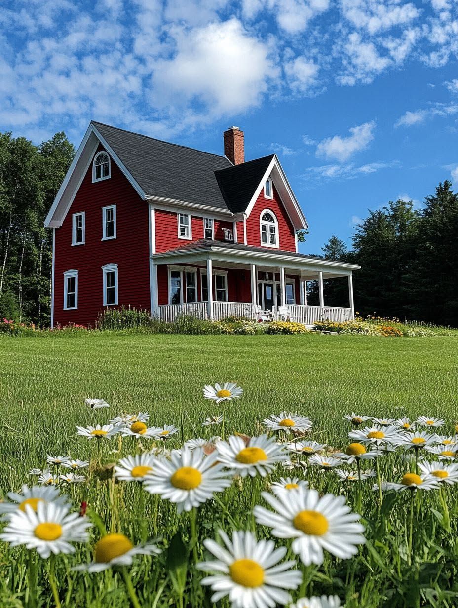 A red two-story house with white trim stands in a grassy yard, with daisies in the foreground and trees and a blue sky with clouds in the background.