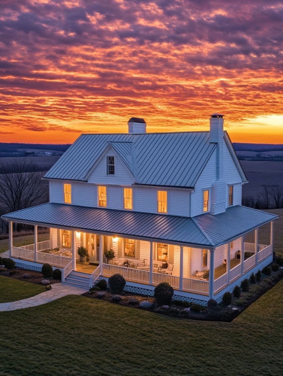 A two-story white house with a wraparound porch is lit from within at sunset, with a dramatic orange and purple sky in the background.