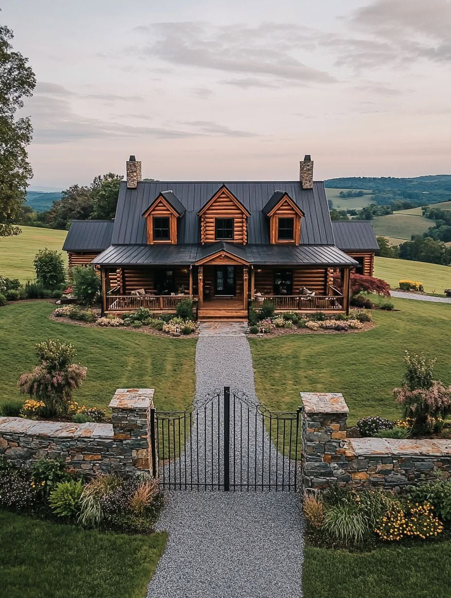 A large log cabin with a metal roof sits on a manicured lawn, surrounded by gardens, a gravel path, and a stone and iron gate, with rolling hills in the background.