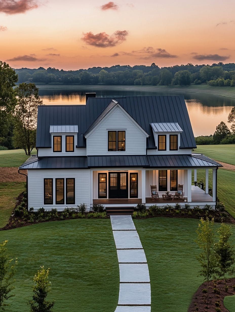 White two-story house with a black metal roof, front porch, and a stone walkway, set on a lawn near a lake at sunset.