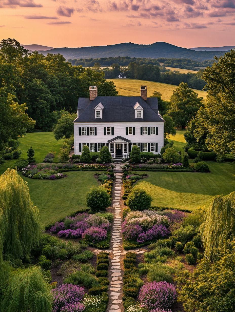 Aerial view of a white two-story house with black shutters, surrounded by well-manicured lawns, flower gardens, and trees, set against rolling hills at sunset.