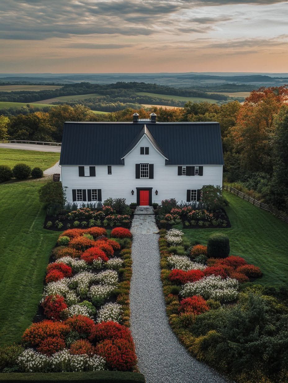 A white two-story house with a black roof and red front door, surrounded by manicured gardens and colorful flower beds, set in a scenic rural landscape at sunset.