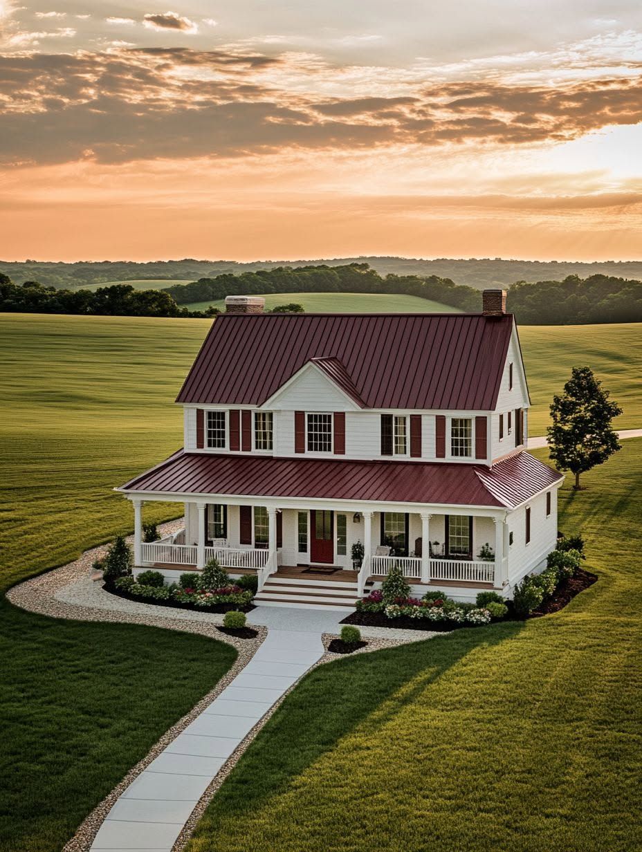 Two-story white house with a red roof and shutters, wraparound porch, and landscaped yard, situated in a large open field at sunset.