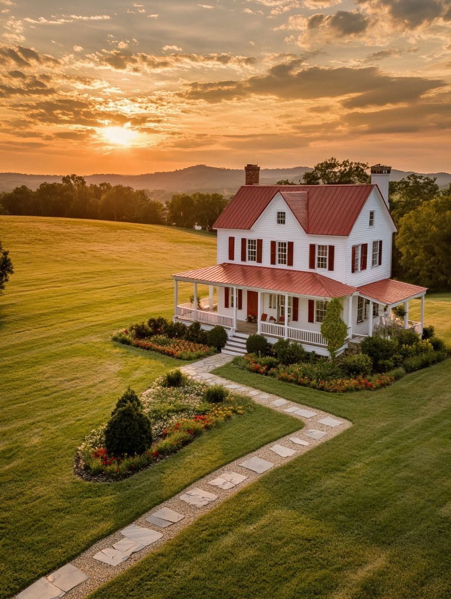 A white two-story house with a red roof and shutters sits on a large, manicured lawn at sunset, with a stone walkway leading to the front porch and gardens lining the path.