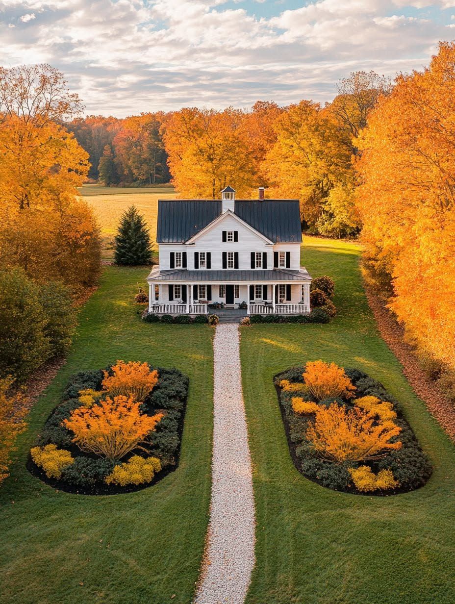 A white two-story house with black shutters is surrounded by autumn trees and manicured gardens, with a gravel path leading to the front porch.
