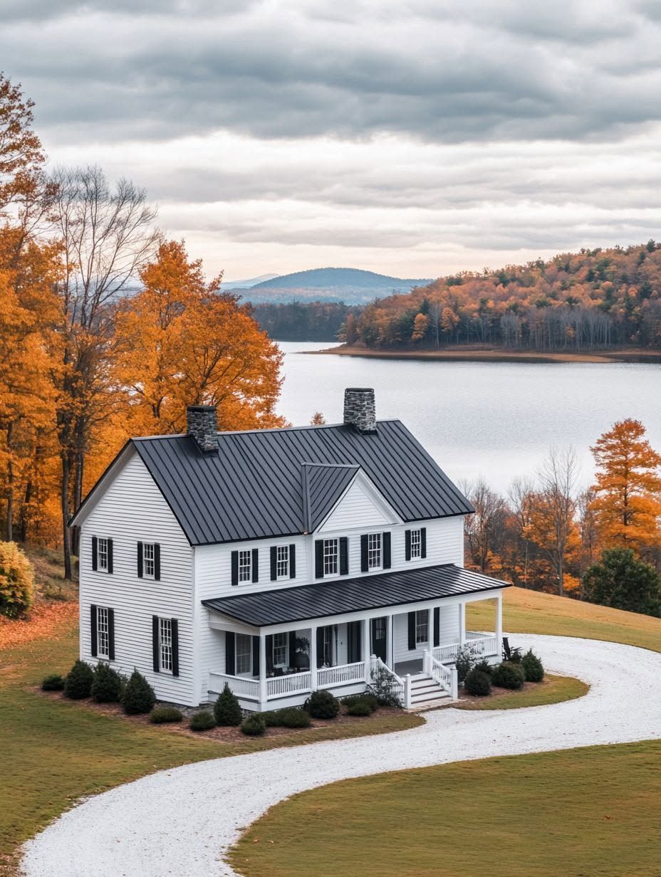 A white two-story house with a black roof sits near a lake, surrounded by autumn trees and hills under a cloudy sky. A curved gravel driveway leads to the front porch.