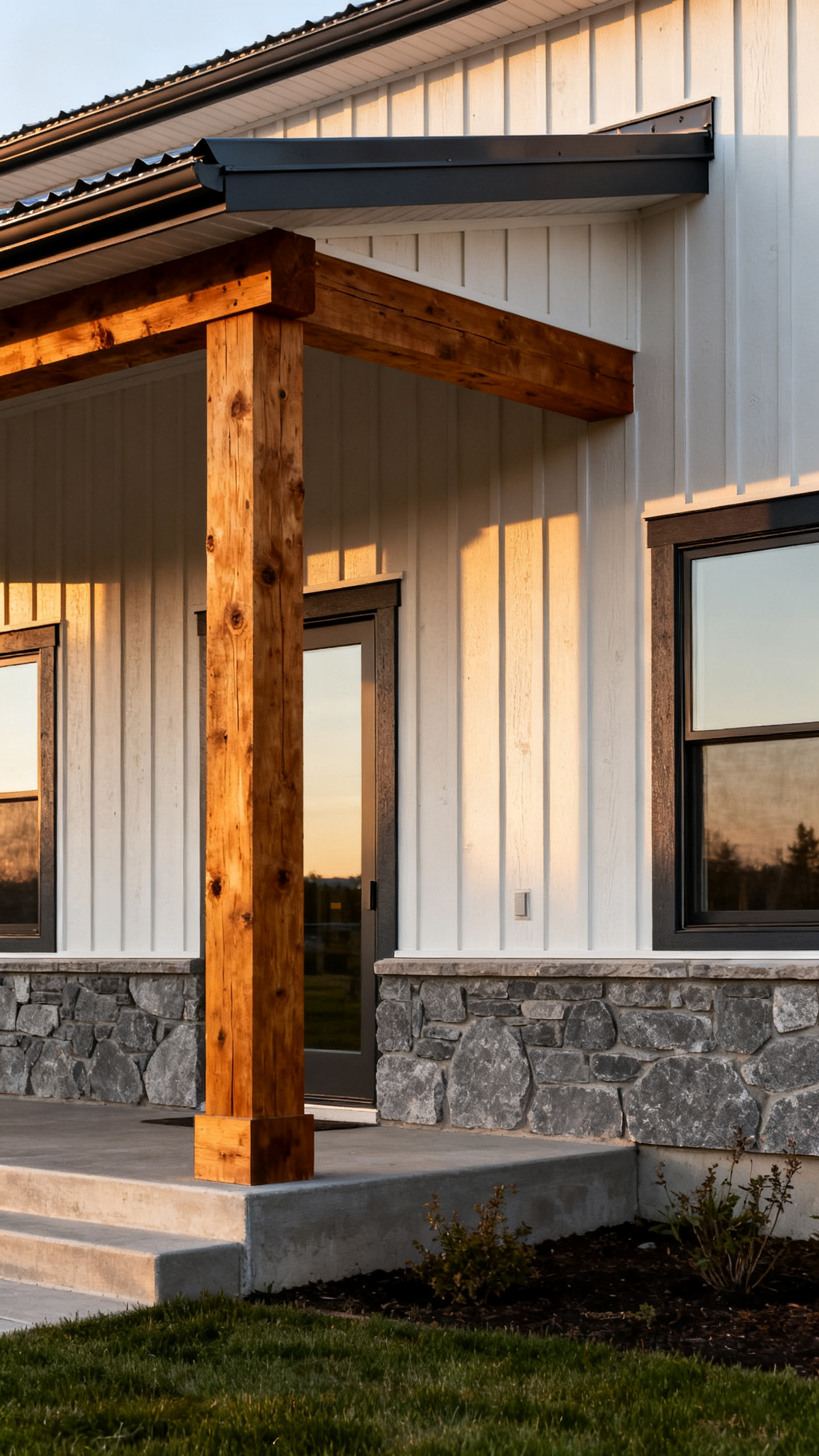 Textured Idaho barndominium exterior with wood accents, siding, stone, and metal roof
