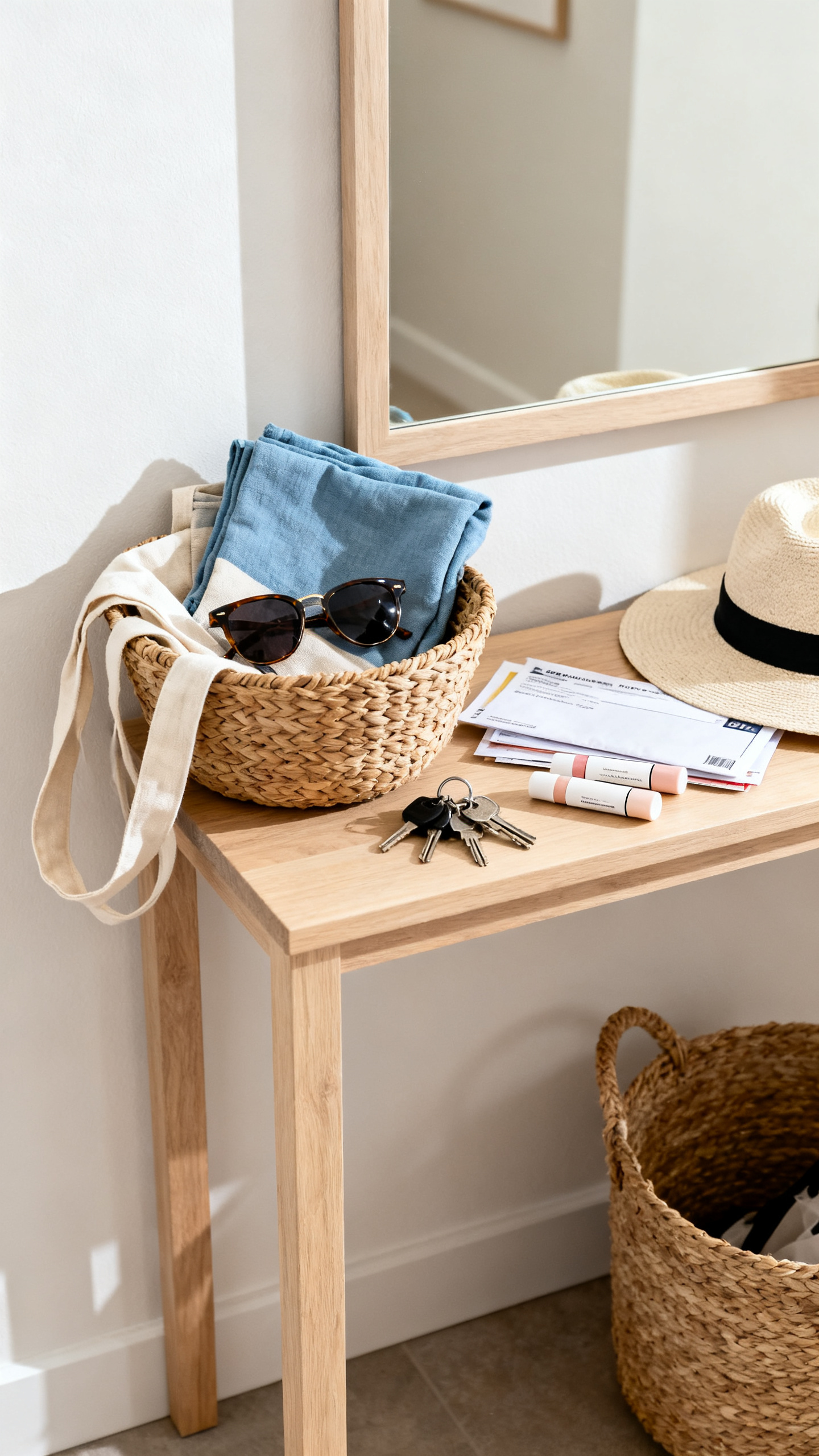 End-of-summer decluttering checklist with an organized entryway basket, tote, sunglasses, and sorted daily essentials