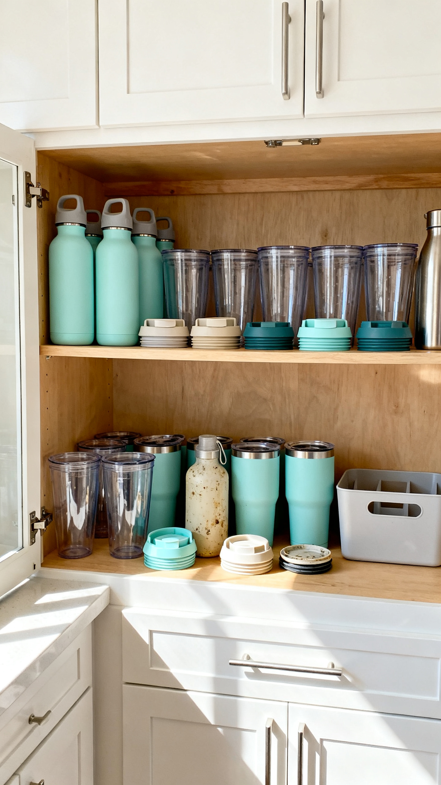 Reusable bottles and tumblers organized in a kitchen cabinet for an end-of-summer decluttering checklist
