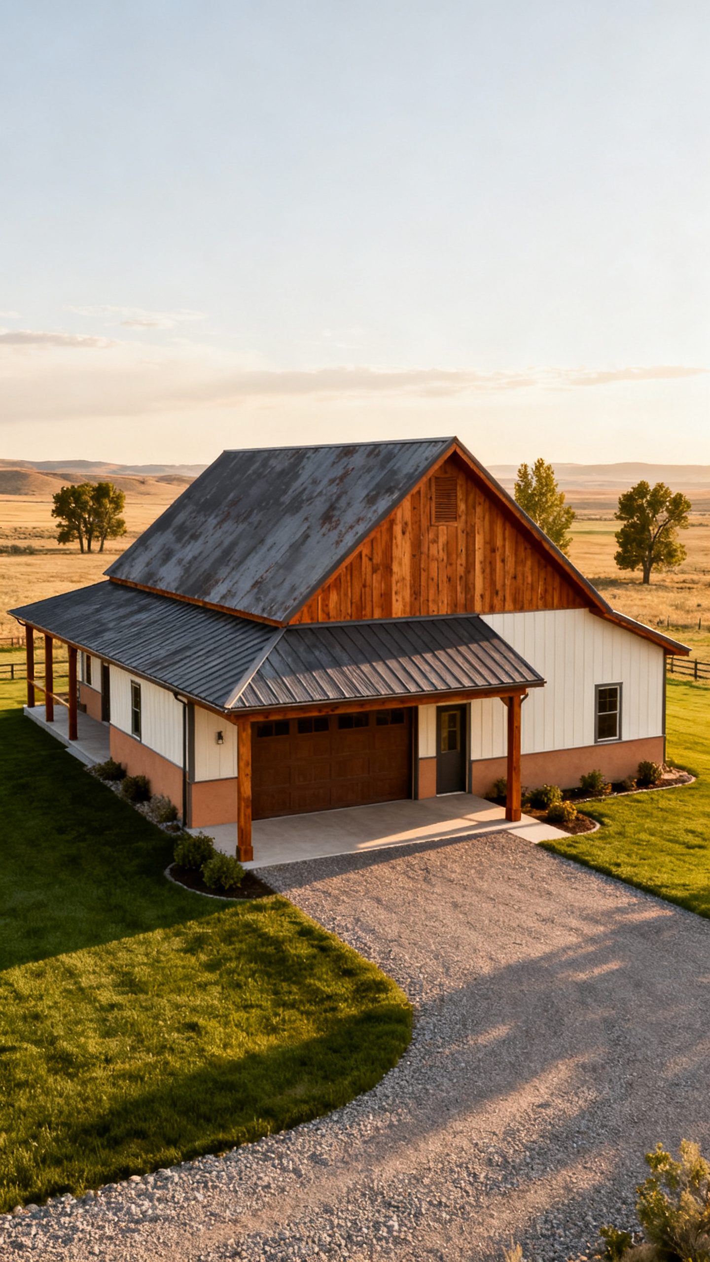 Simple gabled roofline on an Idaho barndominium with metal roofing and attached garage