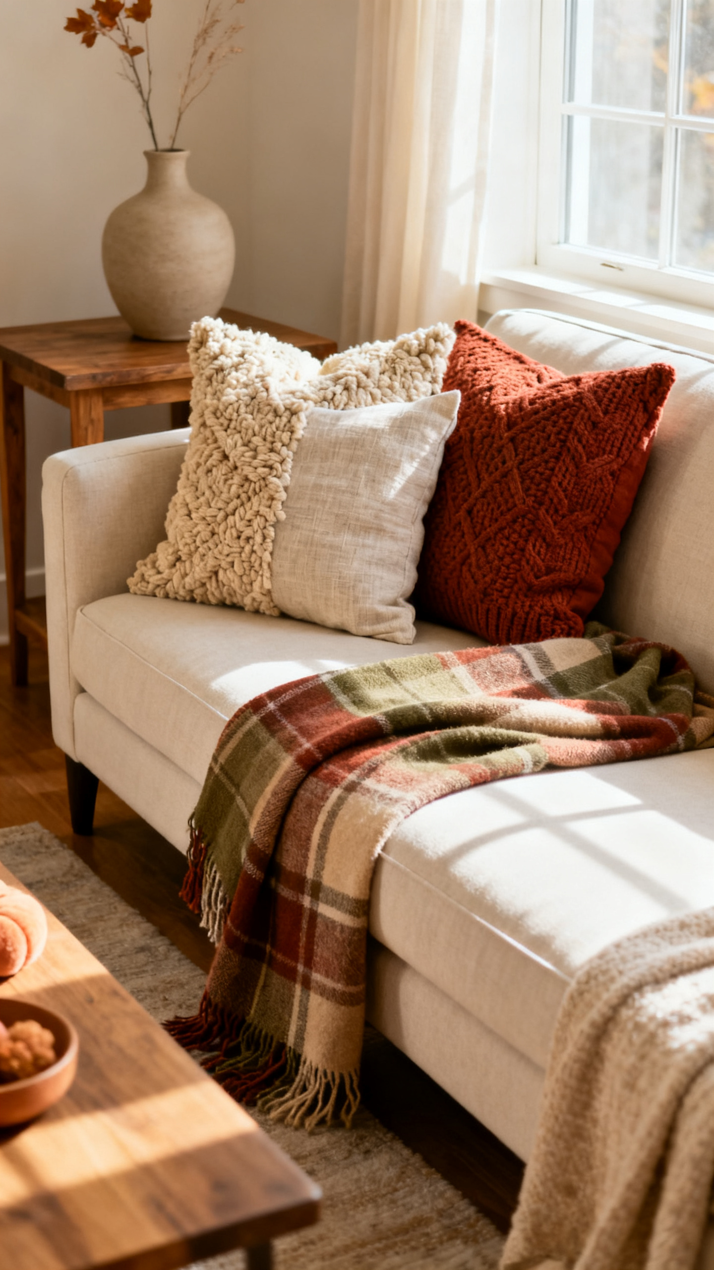 Early fall decor with plaid throw and textured pillows on a neutral sofa