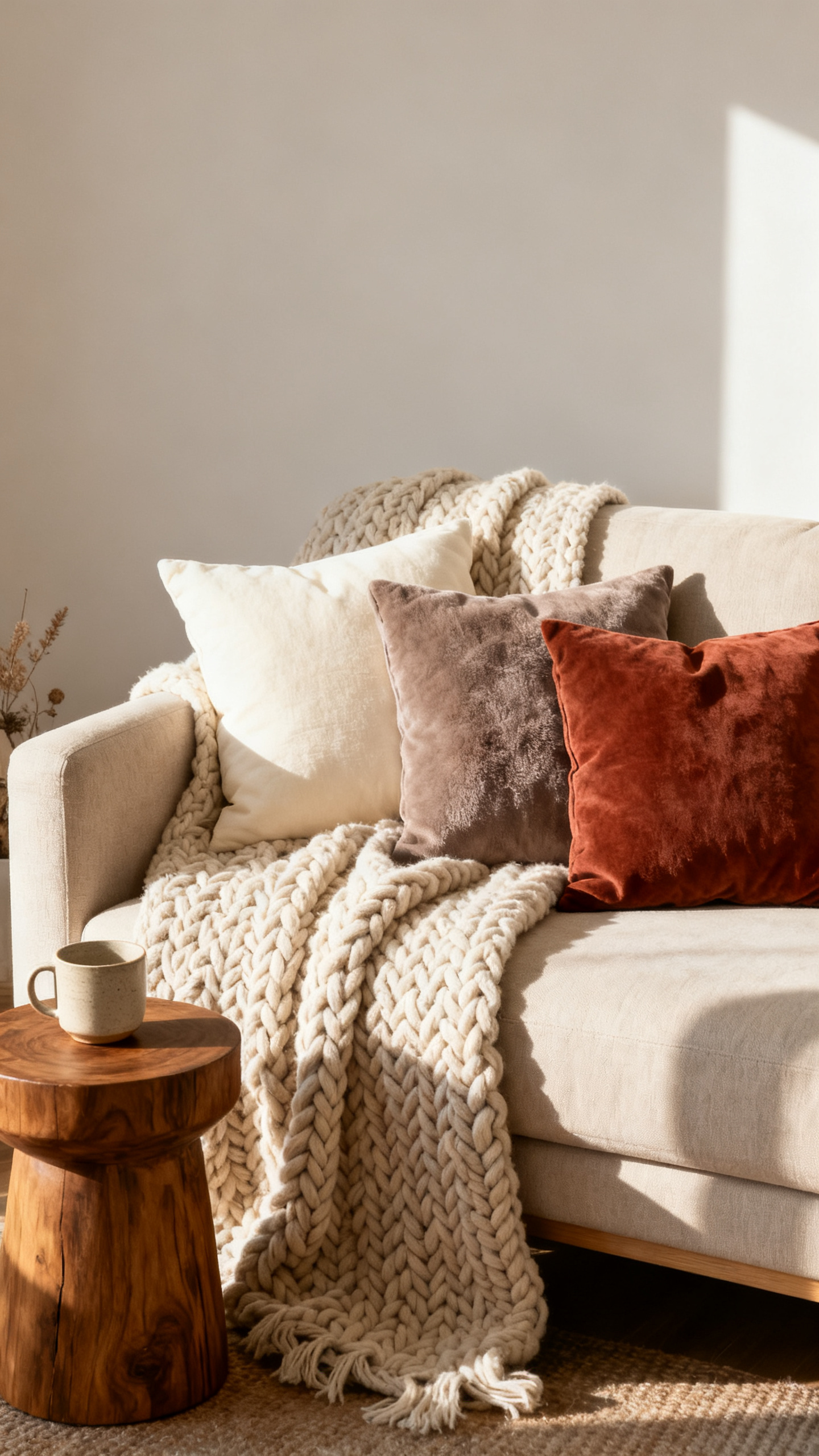 Cozy home updates with layered throw blankets and warm neutral pillows on a fall styled sofa