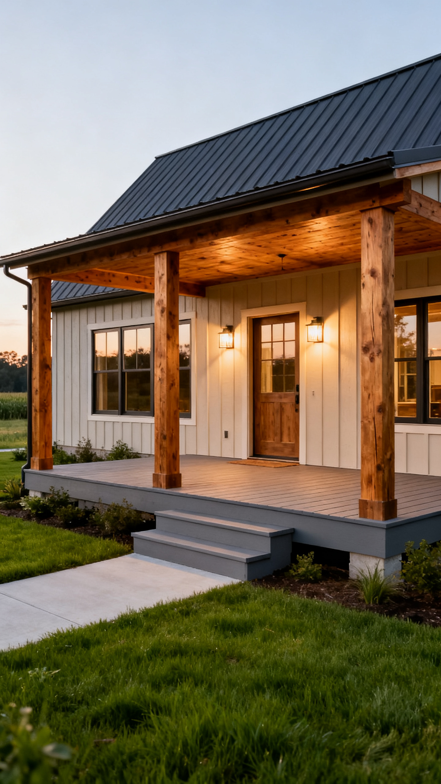 Covered porch on an Idaho barndominium with timber posts and rural entry view