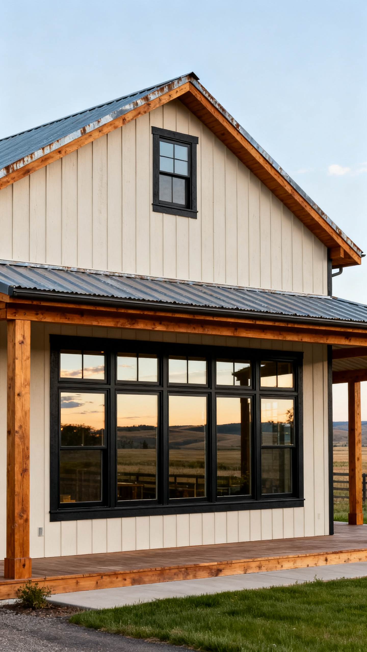 Large windows on an Idaho barndominium overlooking open rural land