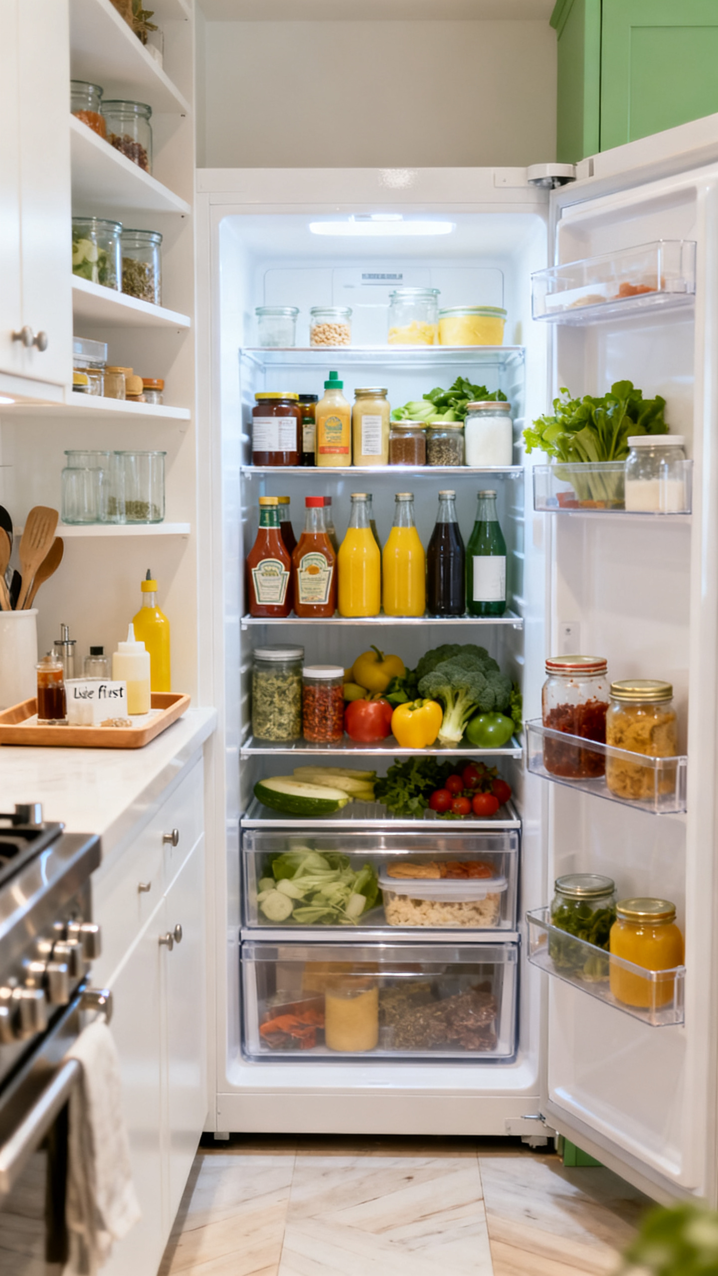 Fridge extras organized for an end-of-summer decluttering checklist with grouped condiments and produce