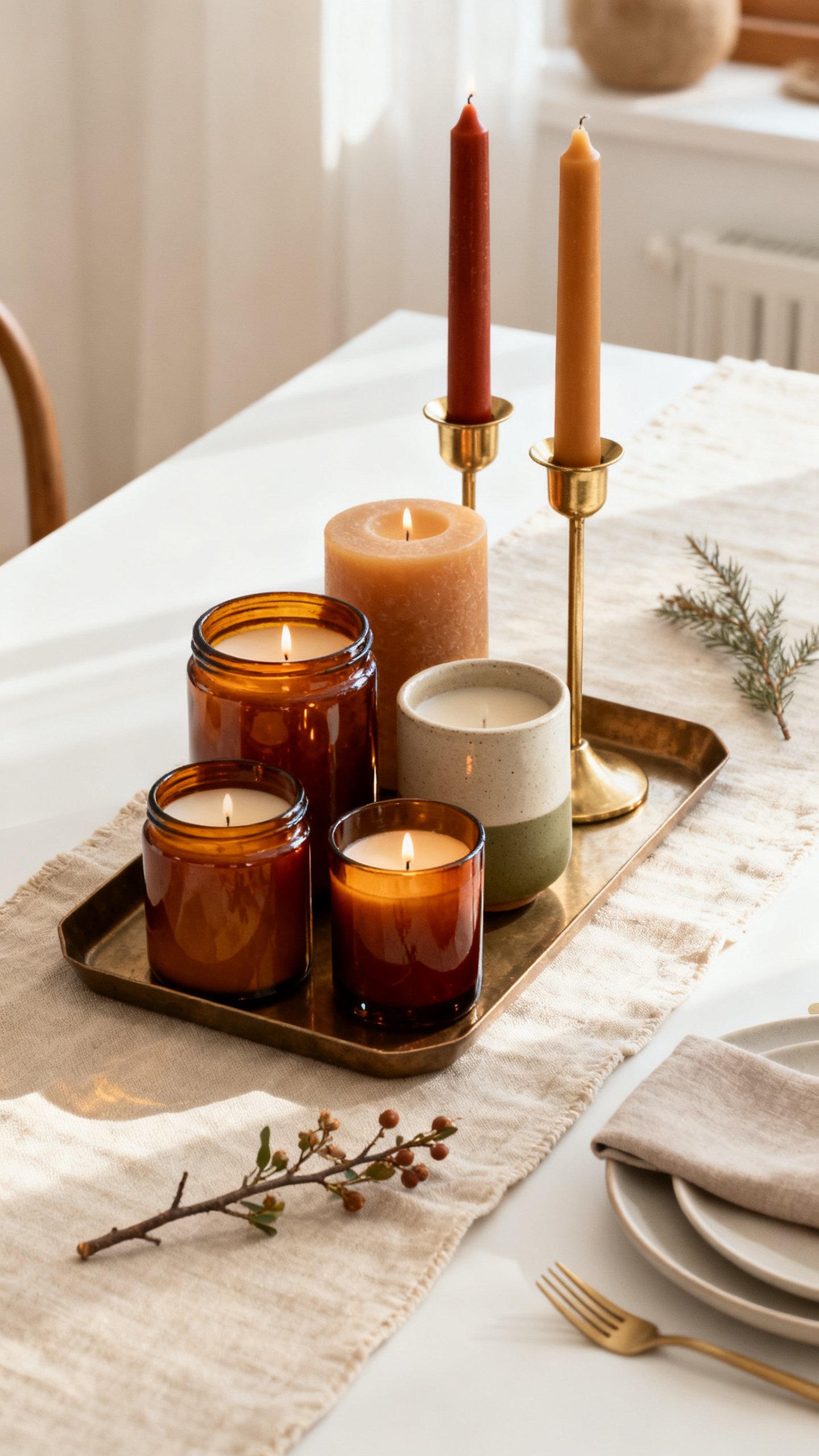 Amber candle cluster on a dining table for early fall decor