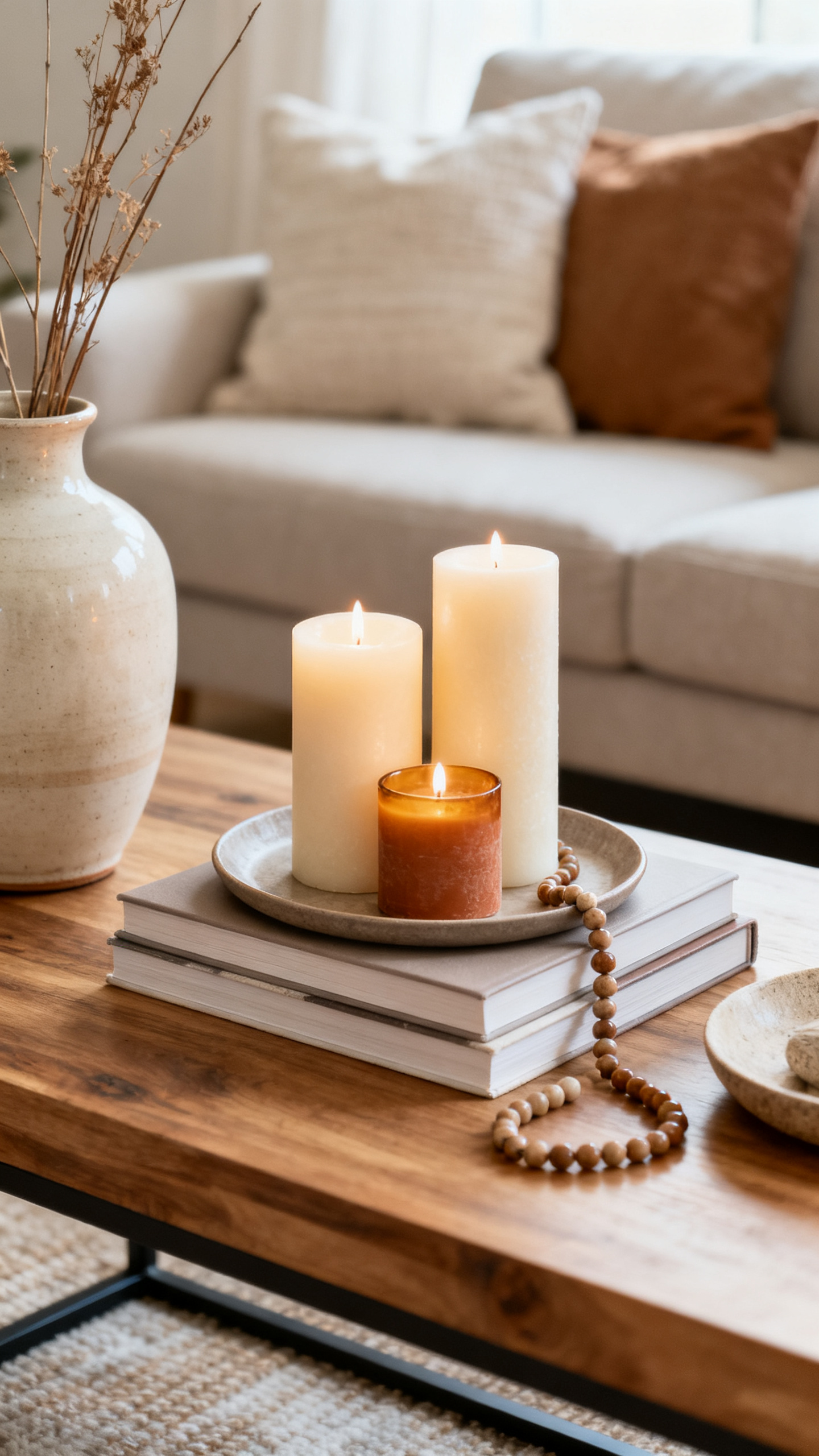 Cozy home updates with clustered candles and ceramic decor on a fall coffee table