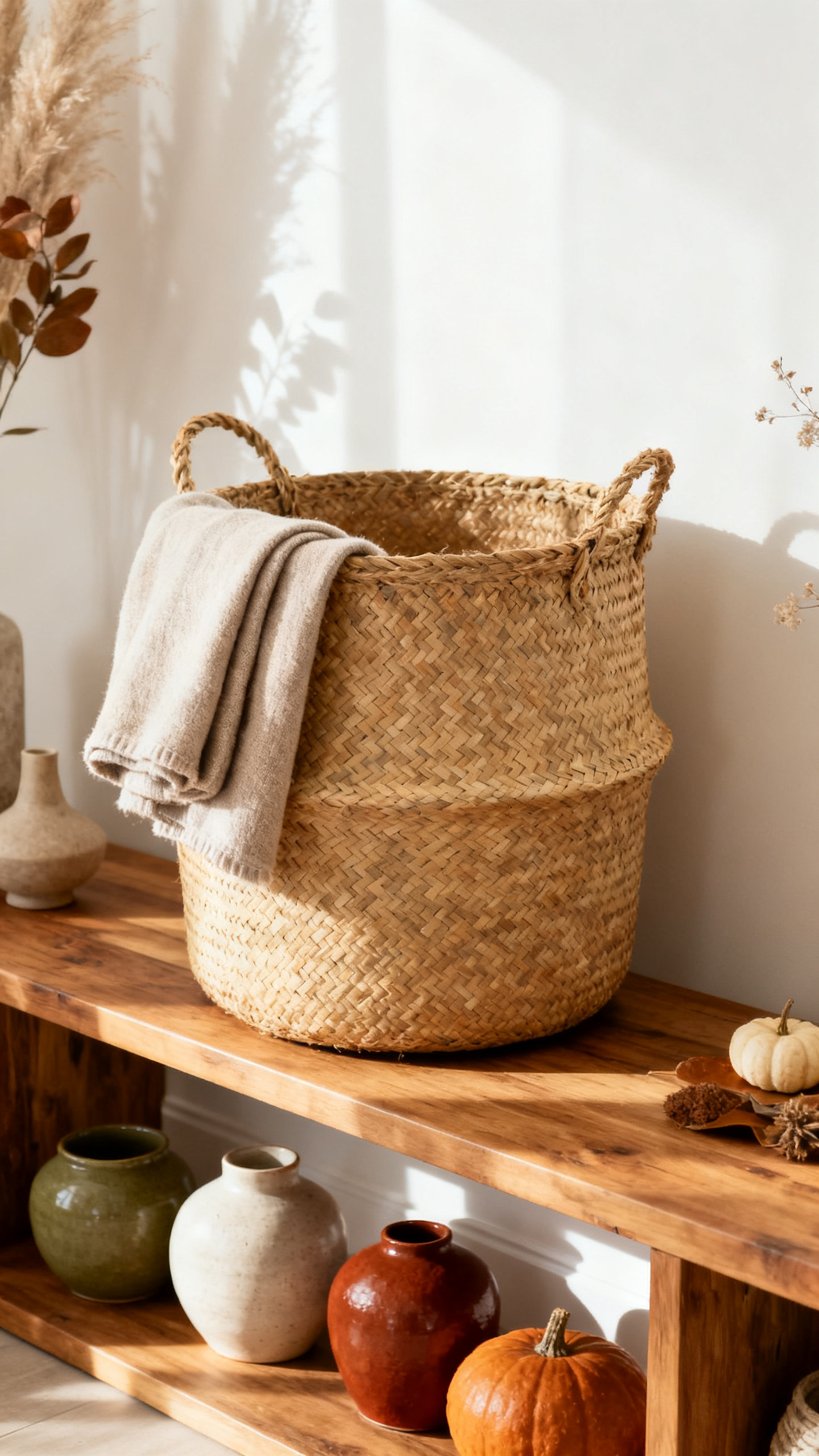 Woven baskets with neutral throws in early fall home decor
