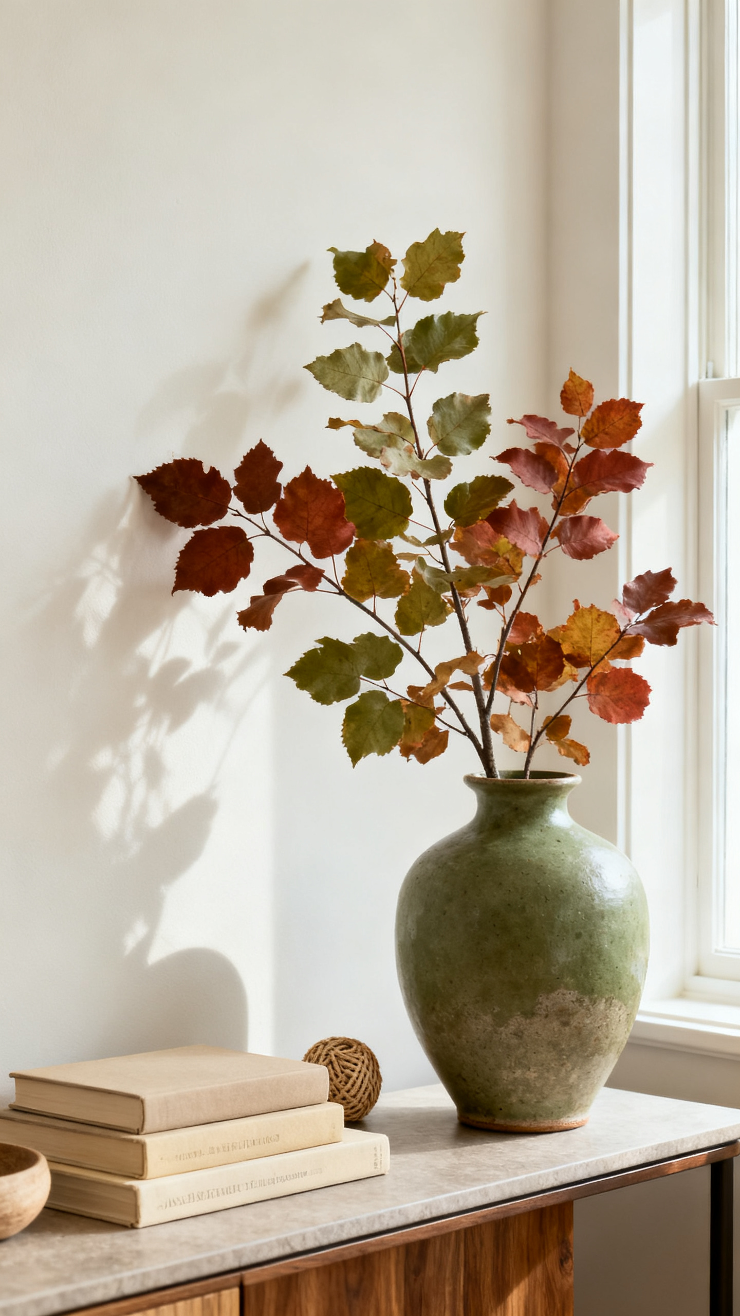 Muted leaf branches in a ceramic vase for early fall decor