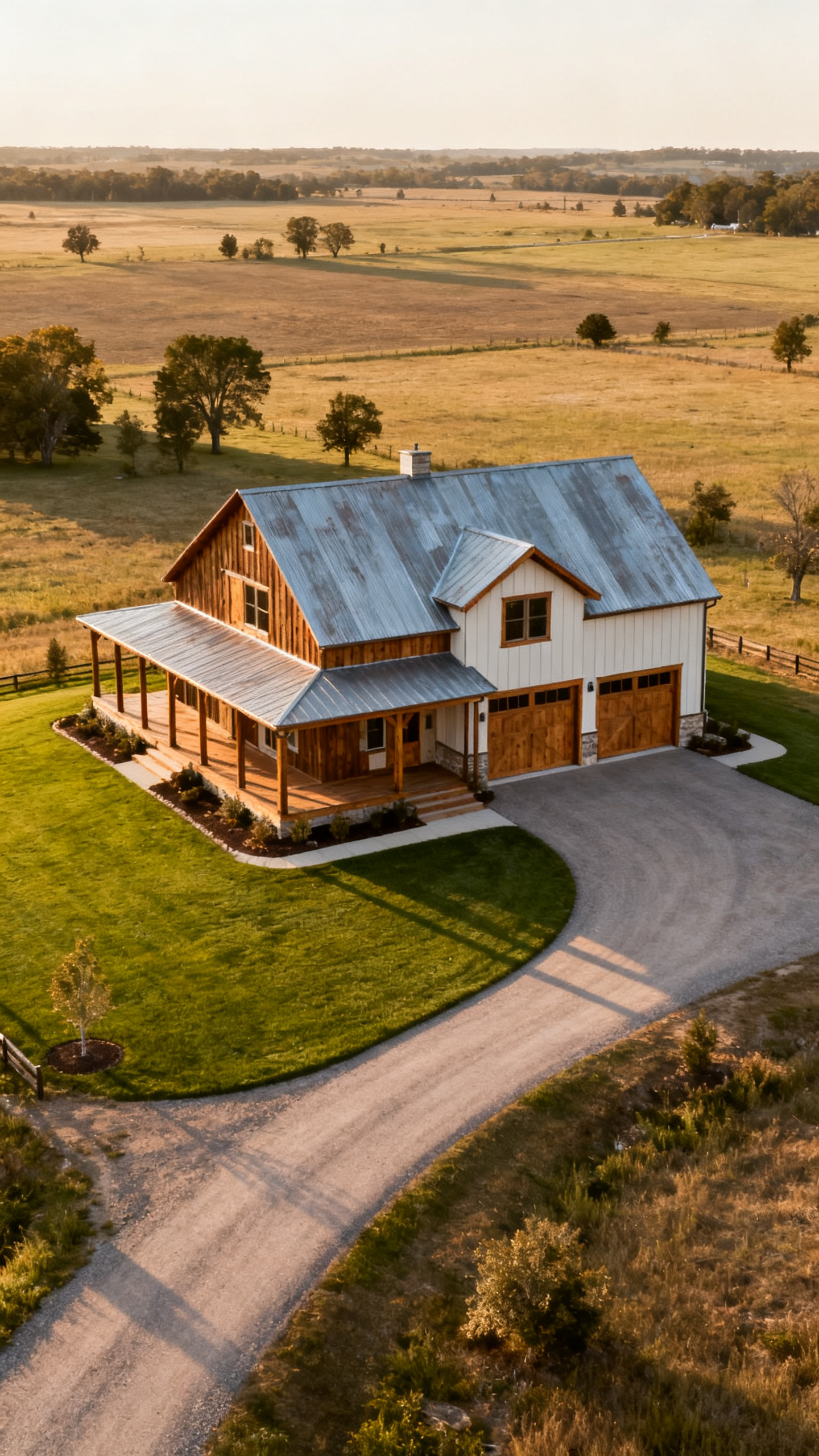 Idaho barndominium on open land with long driveway and thoughtful site layout