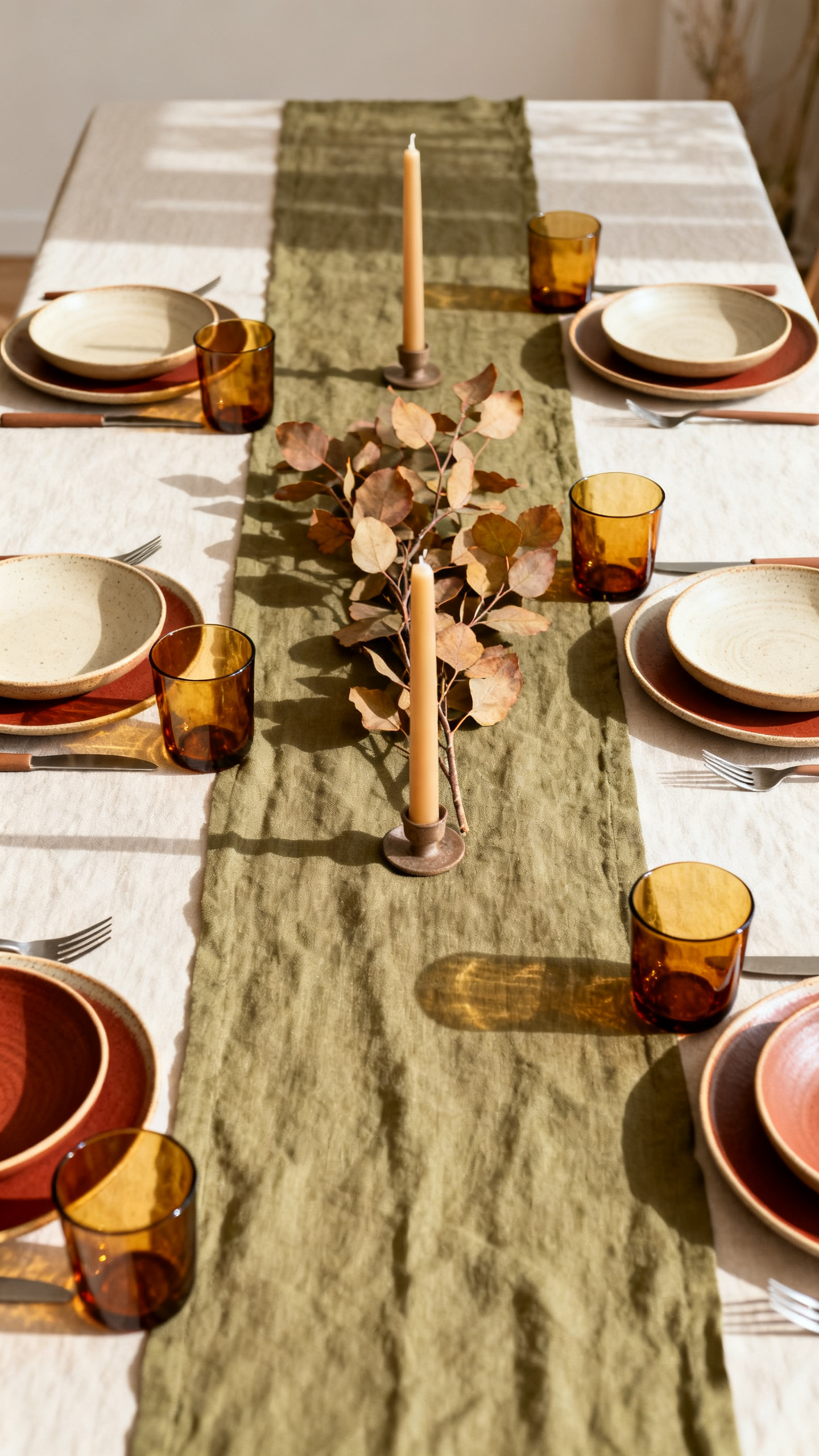 Early fall table decor with amber glasses and muted leaf branches