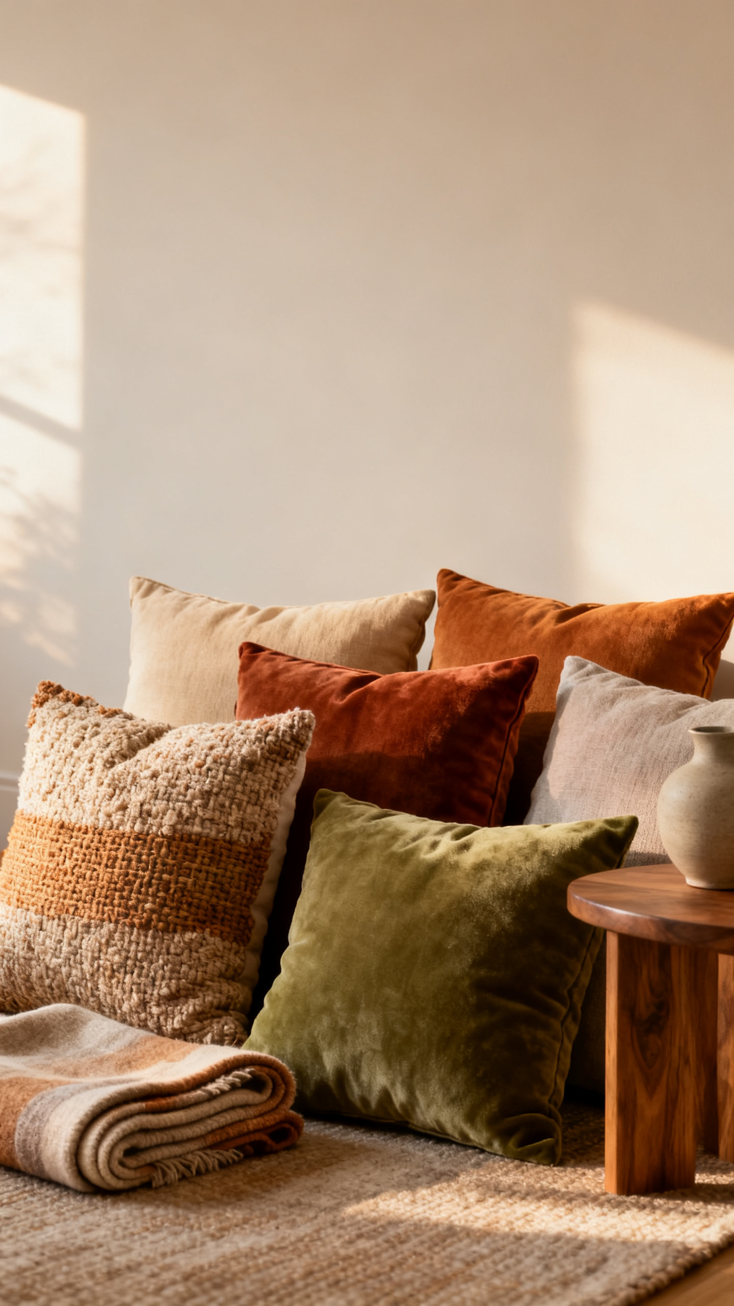 Early fall decor pillows in warm neutral and rust tones on a cozy chair