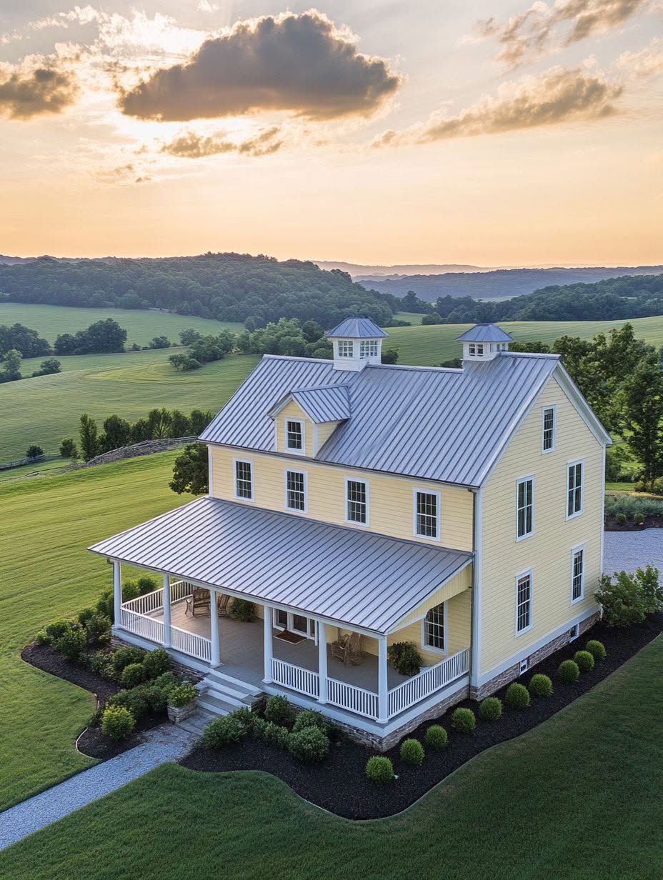 A yellow two-story farmhouse with a metal roof and wraparound porch sits amid green fields at sunset, surrounded by landscaped bushes and trees.