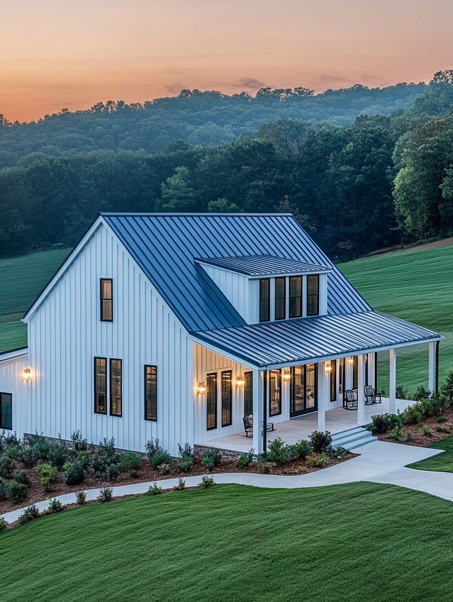 White modern farmhouse with a blue metal roof, wraparound porch, and large windows, set on a green lawn with wooded hills in the background at sunset.